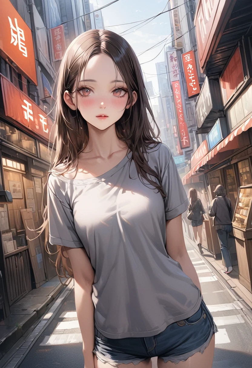 ((masterpiece,Highest quality:1.3,best quality illustration)),realistic,cowboy shot,独奏,1woman,(25 year old beauty),((very small head:1.3)),black hair,long hair,forehead,center parted bangs,black eyes,gorgeous big eyes,((very long body,skinny)),medium breasts,gleaming skin,slender body,skinny,(oversized gray sweatshirt)、Denim Microshorts、standing,on street,Shinjuku、Tokyo、
