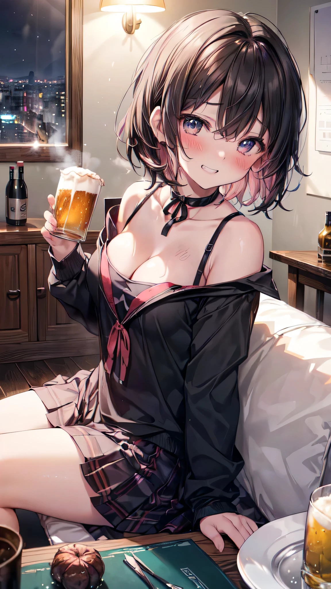 (Ultra-high resolution of the highest quality, masutepiece, Best Quality, 8K, Super Detail, Best Quality:1.3), (Anatomically correct:1.3), (1 Girl), (small breasts), (looks like :1.6), (blush face:1.6), (short black hair), hair over eyes, (drooping eyes:1.3), (house clothes:1.5), (dead drunk:1.6), (beautiful hair, beautiful eyes, beautiful face:1.2), (grin smile:1.2), (dead drunk face focus, ear focus, clavicle focus, breasts cleavage focus:1.2), sitting sofa, (from side), (from above), (girl's own room, night city view:1.2), open mouth, steam, upper body shot, (Drinking beer)