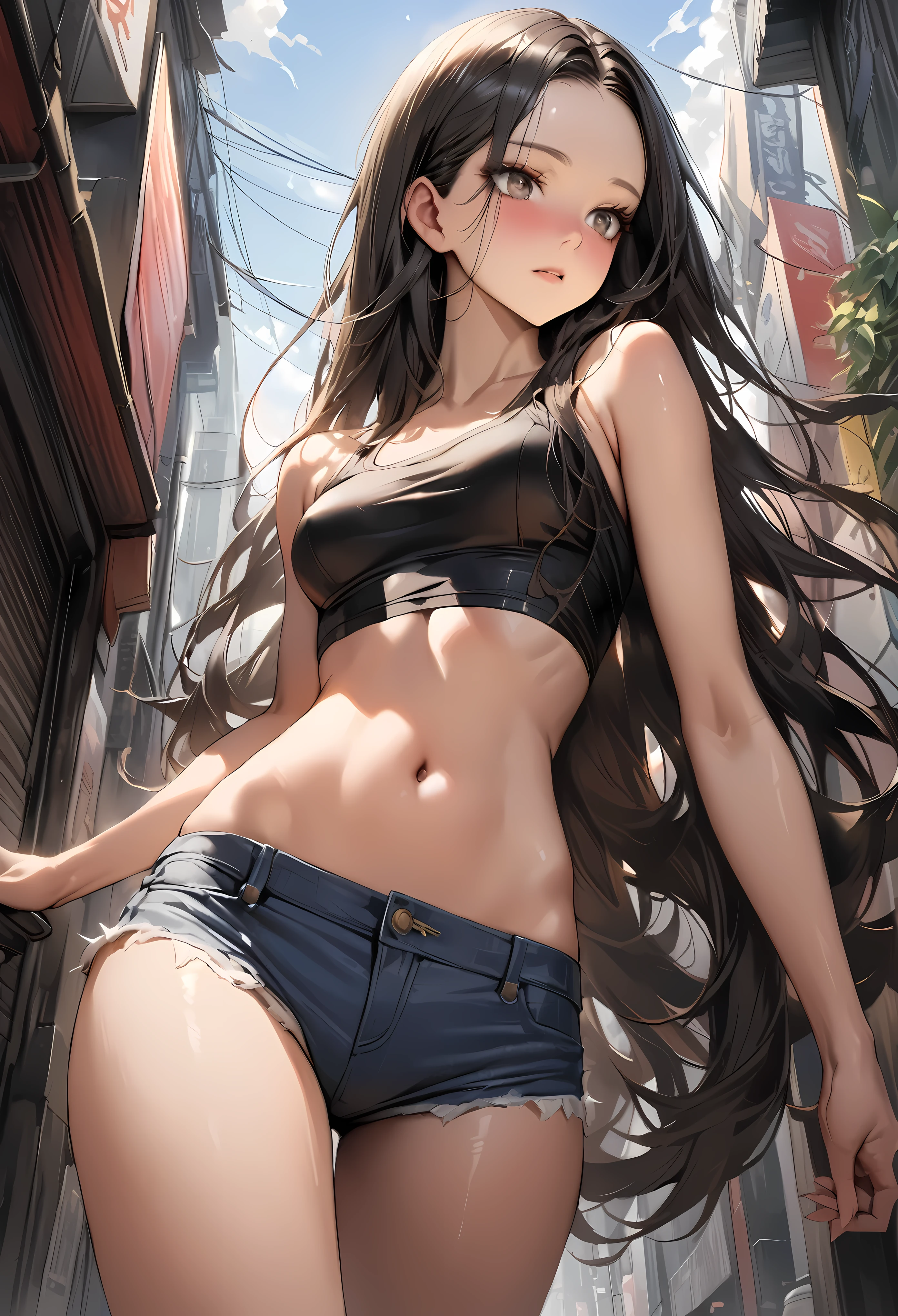 1girl, solo, denim shorts, tank top, ass, backview, open mouth, smiling, standing, anime screencap, cowboy shot, masterpiece, anatomically correct, high quality, super detail, aaishtar, long hair, two side up, hair ribbon, tiara, parted bangs, hoop earrings, jewelry, neck ring, single sleeve, detached sleeves, single thighhigh, black thighhighs