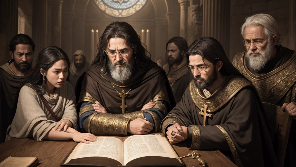 "Description: Create a scene that highlights the countless interpretations and debates surrounding the Book of Revelation. Show scholars, theologians, and believers from different backgrounds gathered in discussion, examining the dramatic imagery and symbolic language of the text.
Details: Use a balanced color palette with rich, warm tones to create an atmosphere of intellectual engagement and debate. Include elements such as open Bibles, scrolls, and visual aids depicting the beasts, plagues, and cosmic upheaval described in Revelation. Show expressions of curiosity, skepticism, and thoughtful analysis on the faces of the participants, reflecting their diverse perspectives and interpretations."