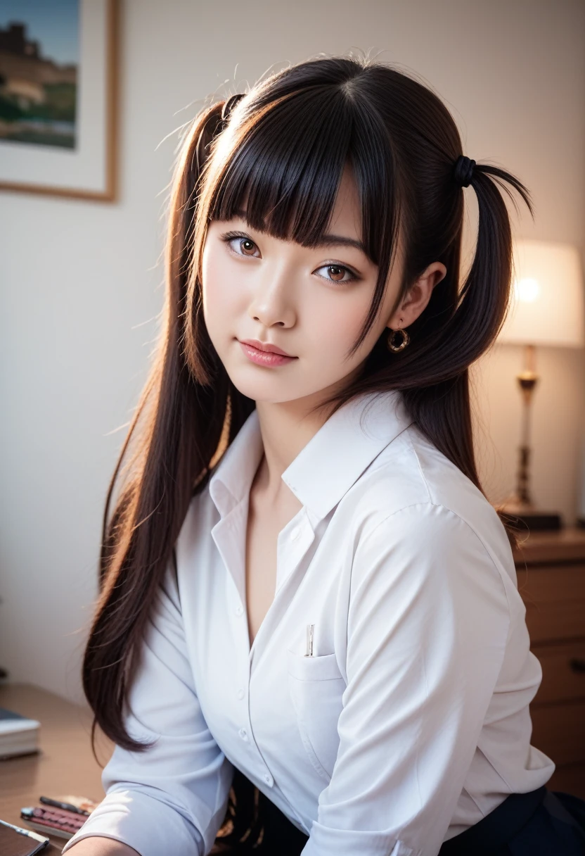 8k, raw photo, best quality, masterpiece, realistic, photo realistic, clear, professional lighting, beautiful face, best quality,ultra high res, realistic japanese beautiful, Super detailed, 1girl, diagonal bangs, two side up, indoor, hands at heel