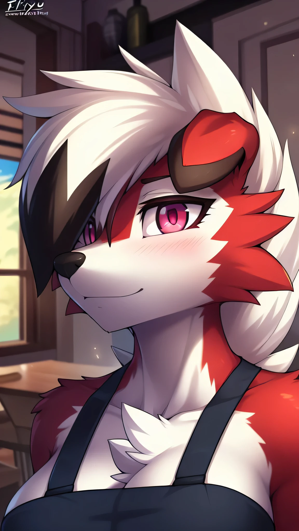 By zinfyu,by twistedscarlet60, uploaded on pixiv, by fluff-kevlar, (masterpiece), (best quality), (solo female:1.2), (extremely detailed:1.3),(detailed eye,black circle on eye,pink eye), lycanroc midnight, view on viewer, close view, shy face, half body on potrait, only body and head, close view, wearing kitchen apron,in living room, (tail:1.1), closeup photo of lycanroc