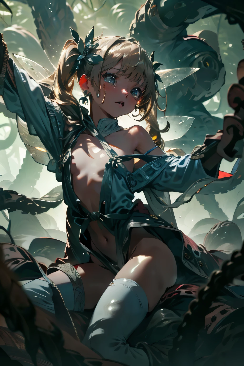  ((best quality)), ((masterpiece)), (detailed), 1girl, off-shoulder sweater, a fairy, fairy girl, winged pixie girl, fairy, various different types of insect wings, small breasts,  NSFW，Covered with tentacles, encoiled by tentacles, Tentacles around the body, many tentacles, captured by tentacles, bound by tentacles, trapped by tentacles, Fine details，Tentacled，Tied with tentacles, roaming tentacles, drooling，Crying，horrified expression, panic, fight for survival, Detailed body，Full limbs，NSFW, being pulled into a flower, wild environment, jungle, terrifying floral environment, horrific nature, predatory flora, fairy catcher, fairy trapper, fairy catcher plant, fairy trapper plant, fairy catcher flower, fairy trapper flower