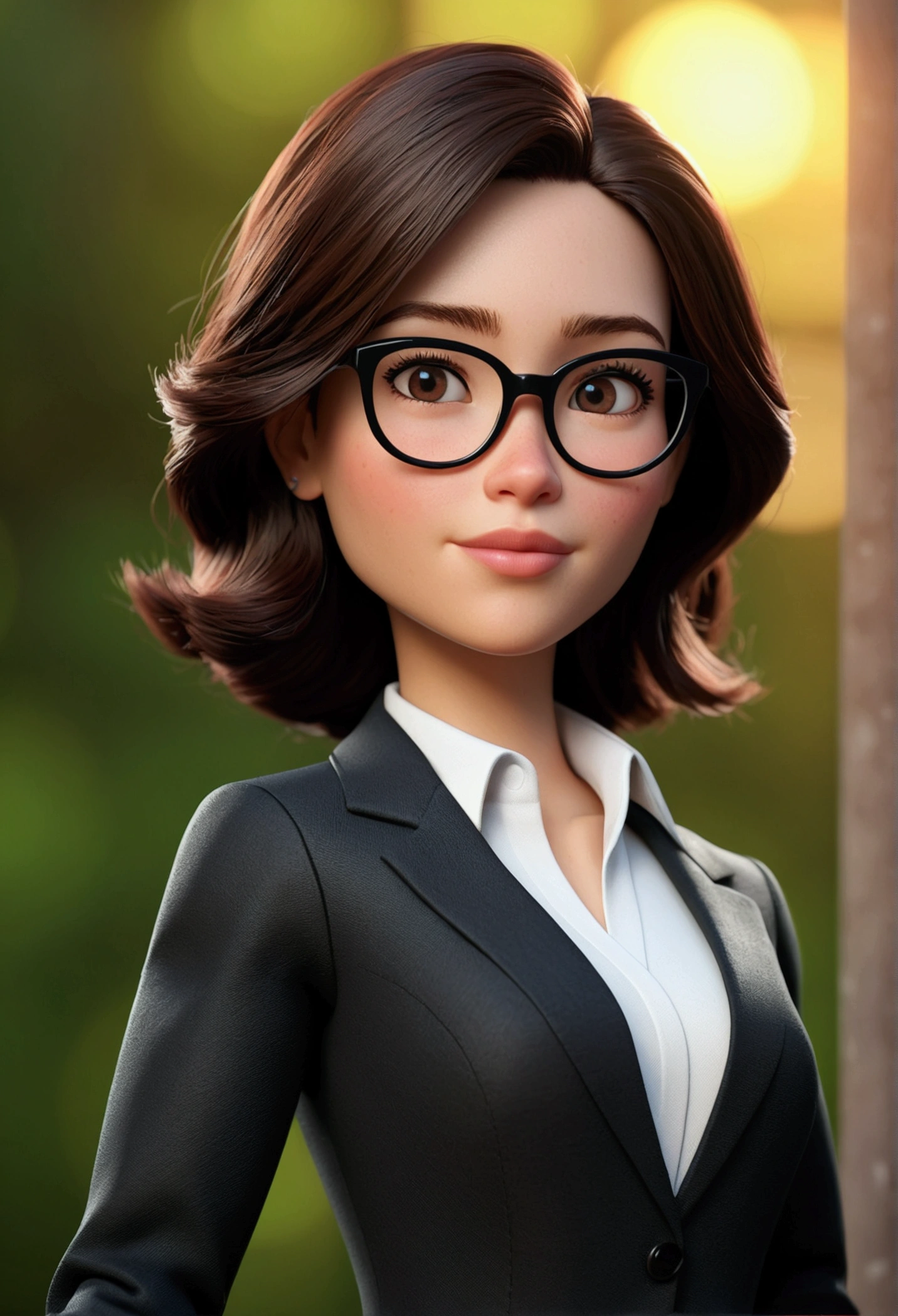 Cartoon character of a woman in black glasses, black blazer with white shirt, animation character, stylized character, animation style rendering, 3d stylized, Arnold Maya rendering, Stylized 3D rendering, toon render screenshot, 3d character, 3d character, Stylized 3D rendering, 3D character rendering, cartoon character, Personagem de close up, character posing, (Pixar-style) (master part:1.2) (bokeh) (best qualityer) (skin detailed) (detailed texture) (8k) (Argilla) (cinematic lighting) (sharp focus