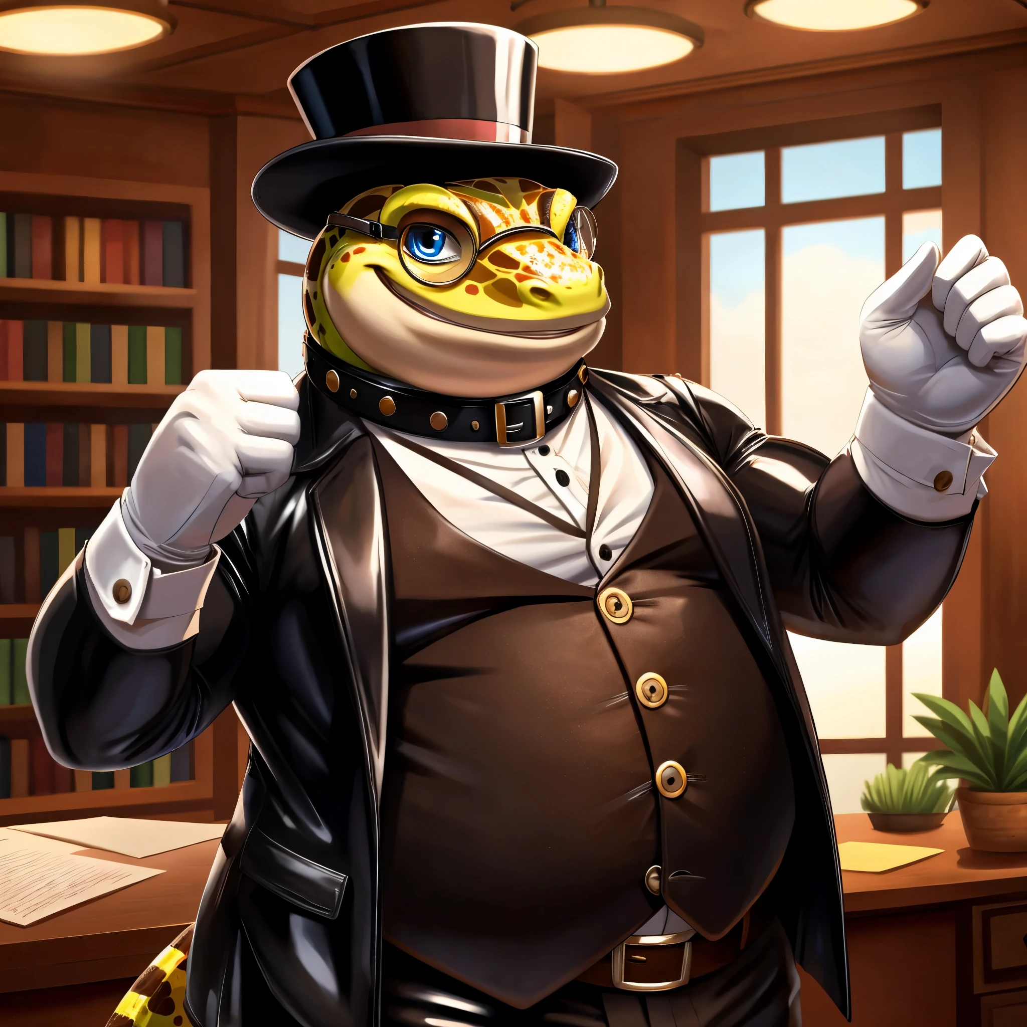 Solo, Male, fat, extremely obese, gentleman, dapper Professor Gecko, blue eyes, (posing:1.3), (soft shading), 4k, hi res, ((detailed face, detailed)), looking at viewer, mouth wide open, steampunk, dapper clothing, collared shirt with buttons, top hat, male focus, Explorer Outfit, glasses, monocle, vest with buttons, sleeves-rolled-up, round eyewear, brown headwear, brown vest, office, Gecko is wearing a glossy leather dog collar around the neck, Gecko is wearing the leather collar and shirt and vest at the same time, Gecko is wearing glossy white rubber gloves on the hands, wearing white rubber gloves on the feet, gloves are rubber in texture, clenching teeth, clenching fists, leather collar is glossy and shiny with a lot of detail, Gecko is wearing gloves and leather collar at the same time, leather collar has a round dog-tag, leather collar is thick and detailed, leather collar is glossy and shiny, fancy clothing, dapper vest, dapper shirt, leather collar is thick, glossy leather collar, leather collar is thick and glossy.