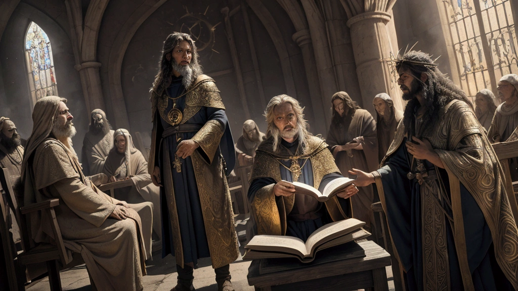 "Description: Illustrate a scene that pieces together a comprehensive picture of the end times using prophecies from the Book of Revelation, Daniel, and Ezekiel. Show a montage of key prophetic scenes, with connections drawn between the texts to form a cohesive narrative.

Details: Use a dynamic composition with interwoven imagery from the different prophetic books. Include elements such as Daniel's visions of beasts, Ezekiel's wheels within wheels, and Revelation's cosmic upheavals. Use connecting lines or light effects to link related themes and symbols across the texts. Show expressions of realization and discovery on the faces of those studying these connections, symbolizing the unveiling of a deeper understanding of the end times."