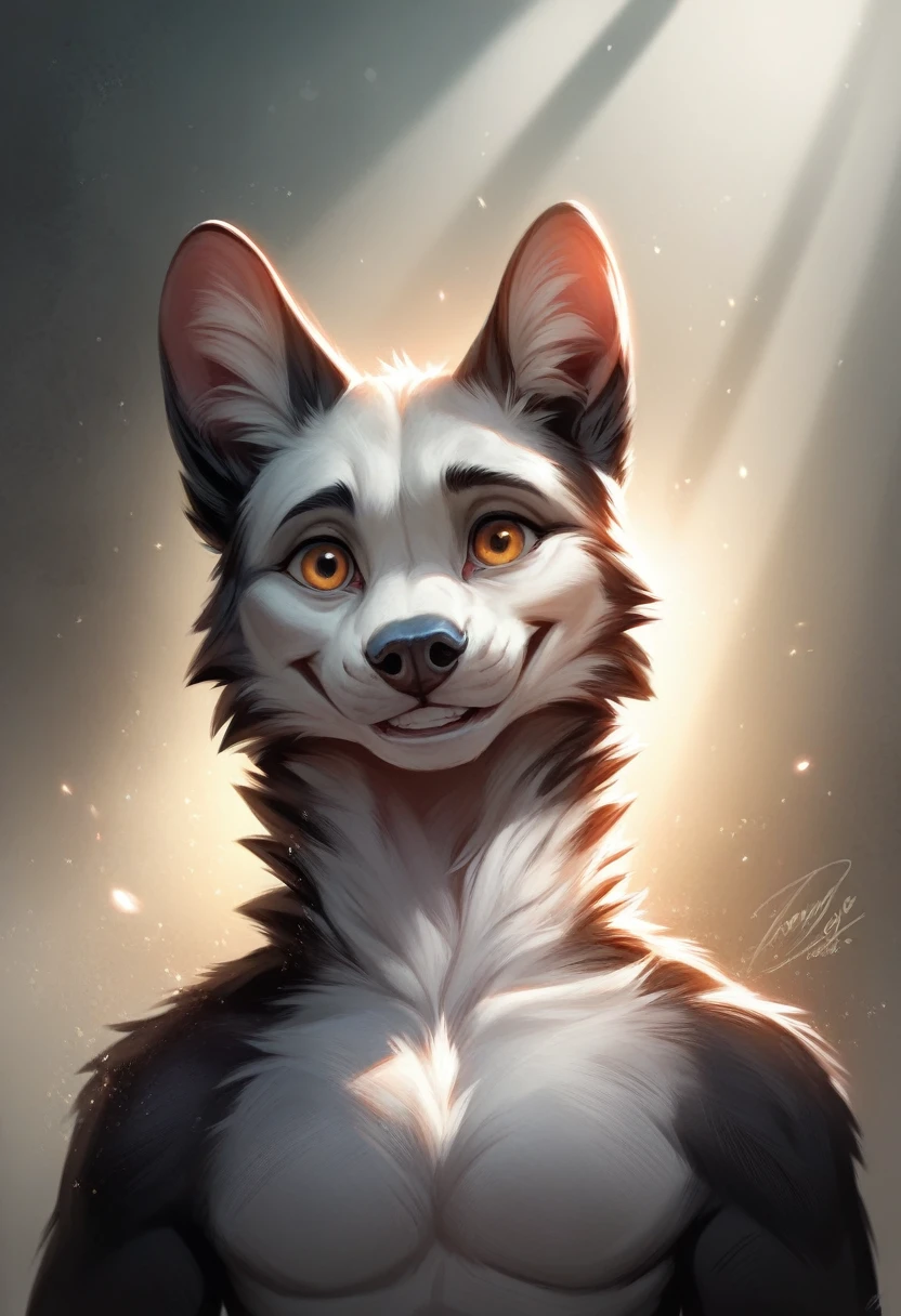 just bad, lobo, realistic lobo furry, smiling, White skin, black fur stripe, neutral, Traumatized face, dynamic lighting, illustration, beautiful, particles (high quality,4k,8k,High resolution,masterpiece:1.2), ultra detailed, impressionistic:showy,