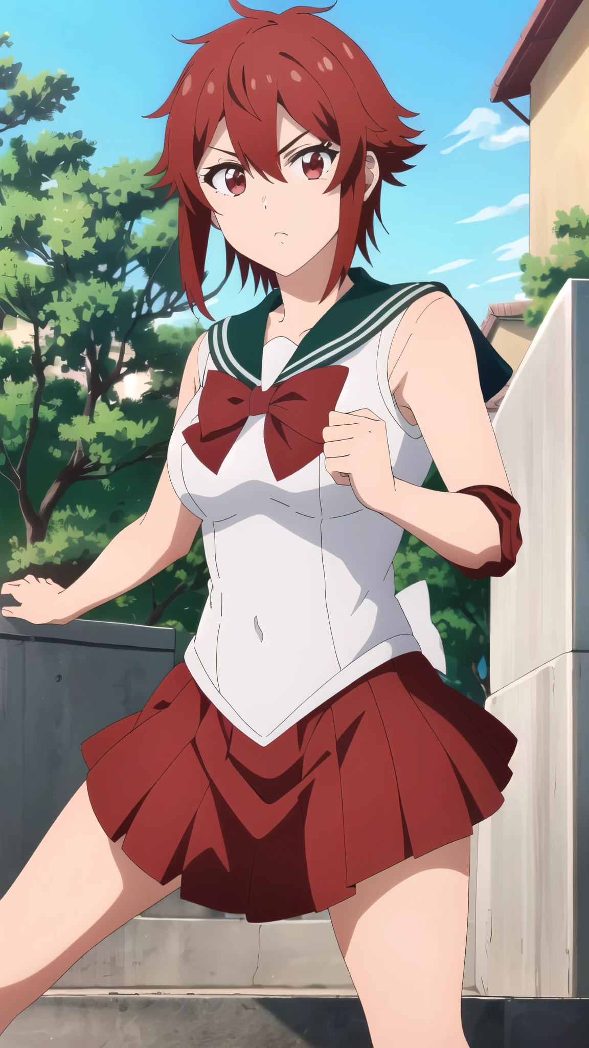 ((Highest quality)),((Very detailed)),masterpiece,Absurd,Detailed face,Beautiful Face,(fine grain, Deep Eyes),One Girl,((Combat Stance)), input, Redhead, Red eyes, short hair, Hair between the eyes, bangs, chest, large chest, short hair, Red eyes, Outdoor, shirt, View your viewers, Are standing,Sailor Warrior Uniforms