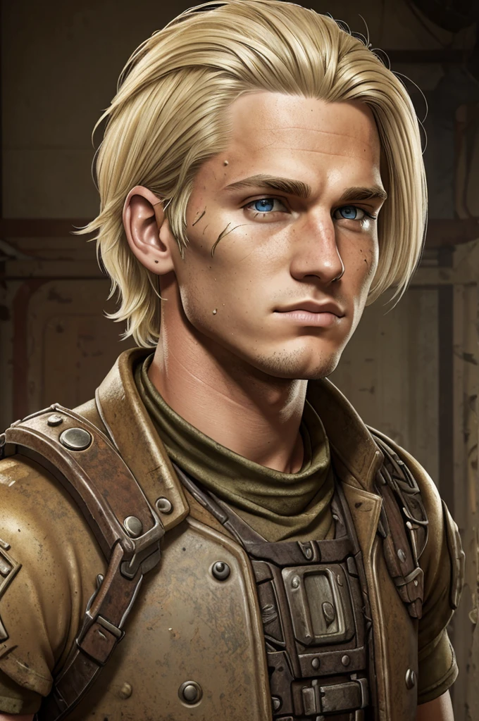 epic professional upper body head shot, official Fallout art, young handsome 20 year old male raider, detailed face, smooth features, blonde hair, post-apocalyptic, muscular and toned body, hairy chest, detailed eyes, intricate details