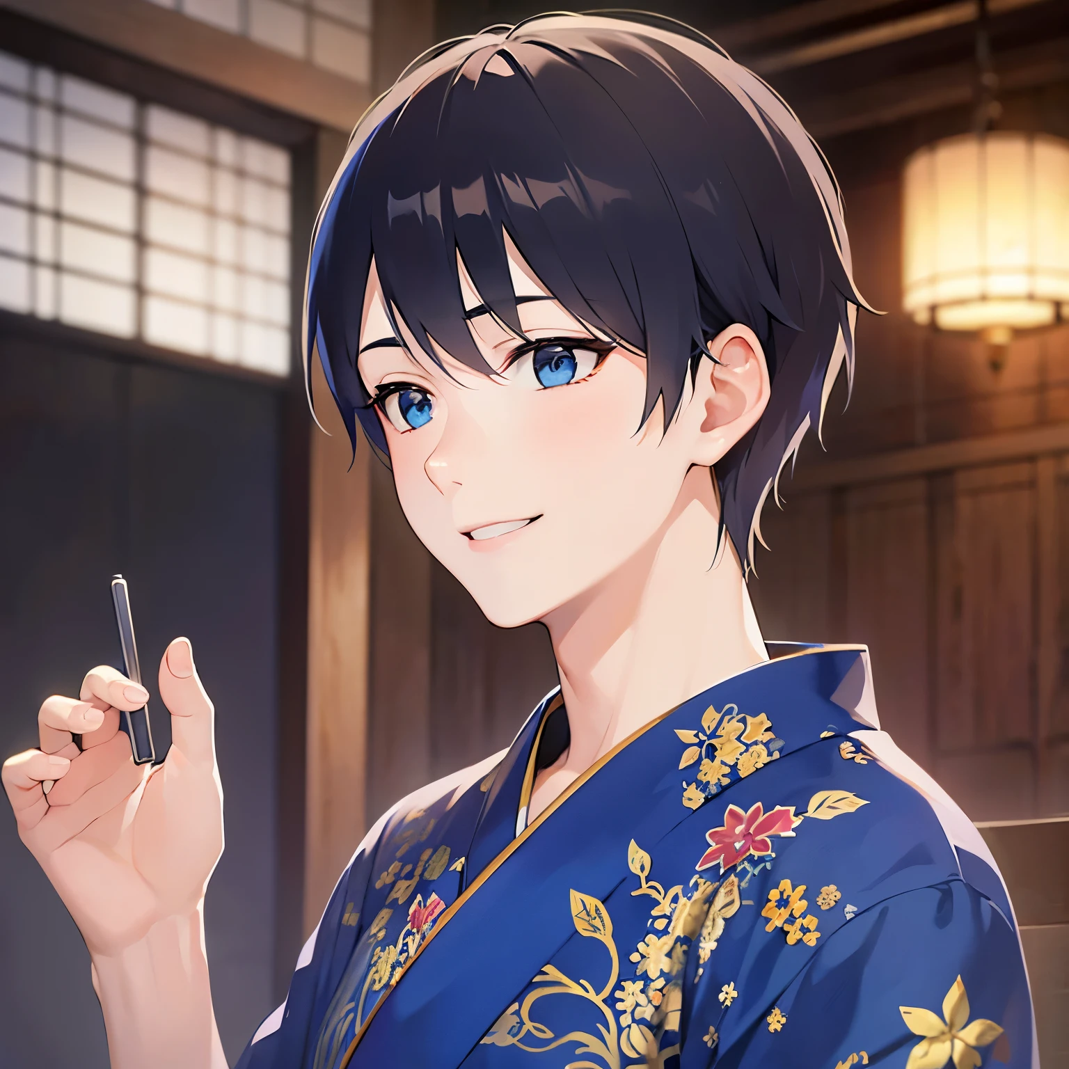 side angle, (looking away:1.5), upper body、Waving、
masterpiece、Highest quality、
(25-year-old male:1.5) and(Black short hair) and (blue eyes), 
yukata,(smile:1.5),open mouth,The background is the banquet hall,(alone:1.5)