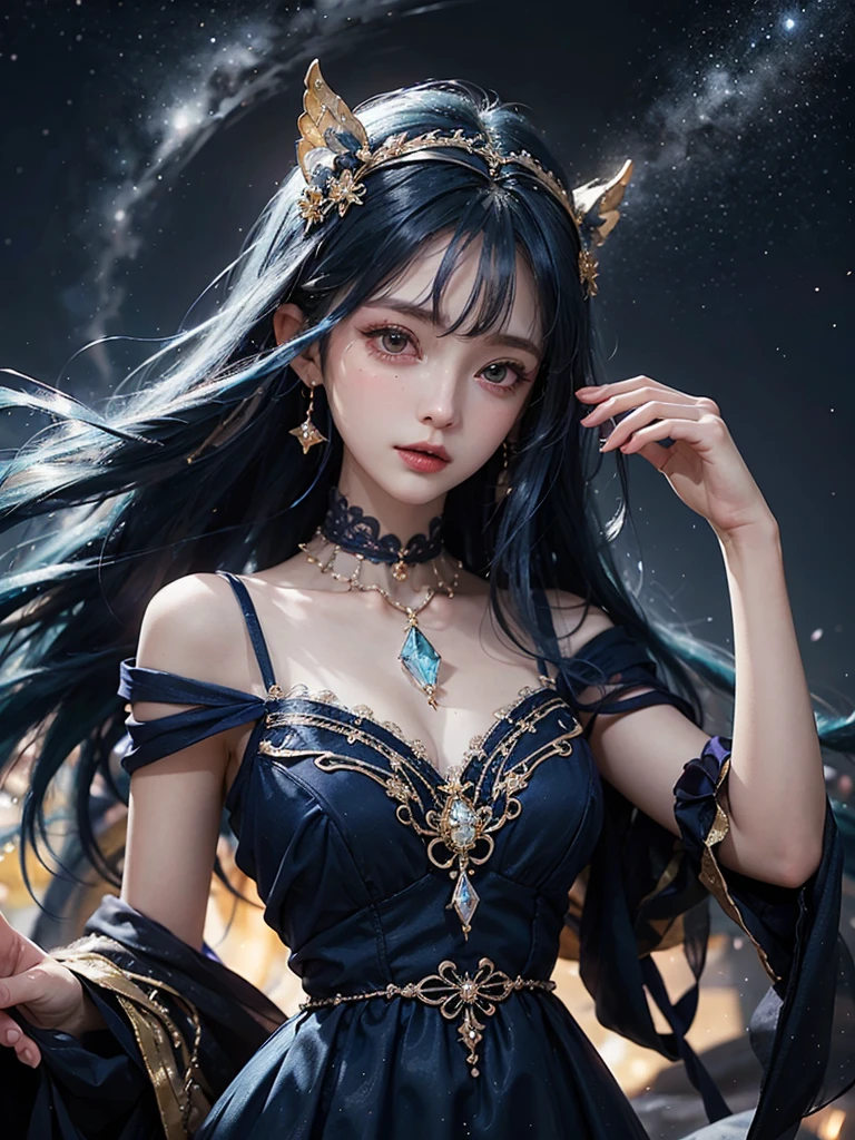 Ultra HD、A beautiful blue-haired character、Upper Body、とてもBig eyes、Big eyes、Fortune teller with crystal、Holding the crystal in both hands、Red burning cheeks、Night scene with starry sky background、Wearing a gorgeous dress、Subtle details、A fantastic atmosphere、Anime style、Disney style