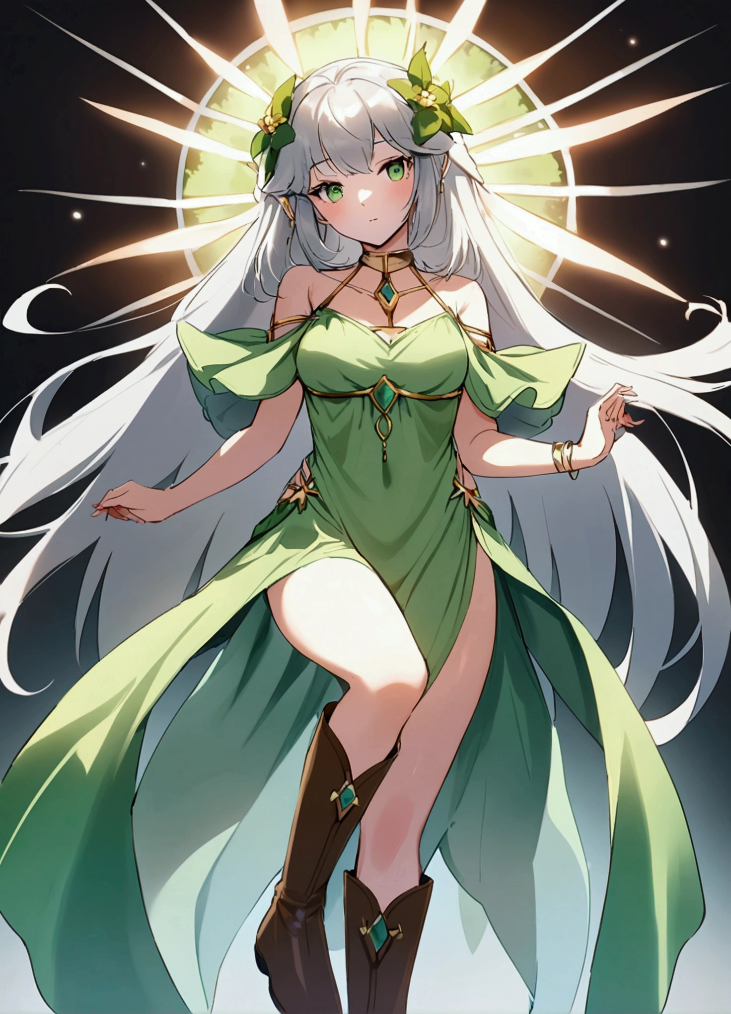 Silver Hair。Elven Goddess。Goddess of Archery。Artemis。Green clothes。Wearing brown boots