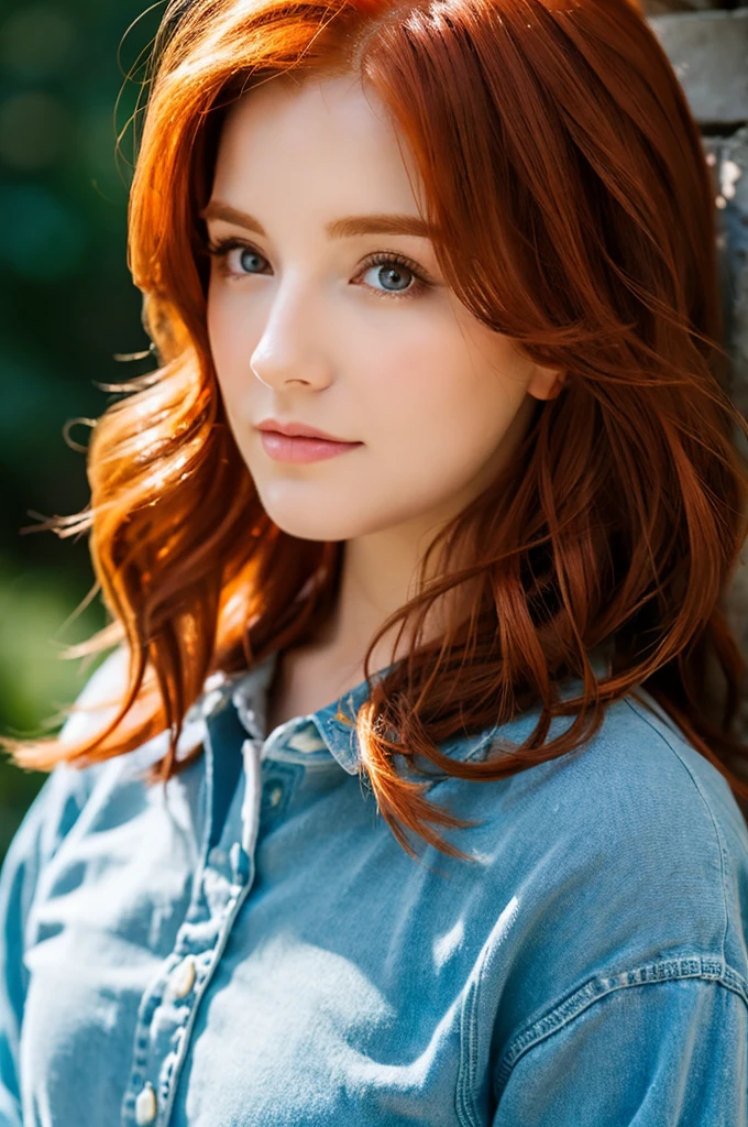 (8k, RAW photo, highest quality) depth of field, bokeh, 8K, HDR, cinematic rendering, a portrait of a 36-year-old redhead, framing from the navel, some small freckles, dressed in a ragged nightie, straps dropped, peeled off, leaning against a tree in the wilderness, goosebumps, cinematic, faded colors, dark shot, muted colors, grainy film, read, crazy details, intricate details, hyperdetailed, sunset, shyness, seduction, romance, looks at the camera lens lovingly, no visible hand