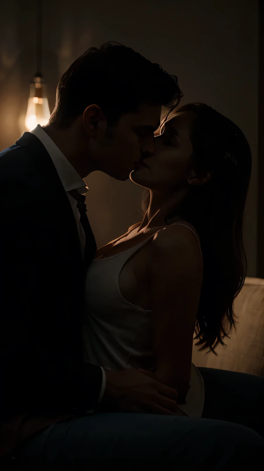 Young boy shirtless kissing woman wearing unbuttoned sheer white shirt and sexy red lingerie underneath, intense scene, dark room, one lamp, warm lighting, very erotic, sweaty, lustful, passionate, making out