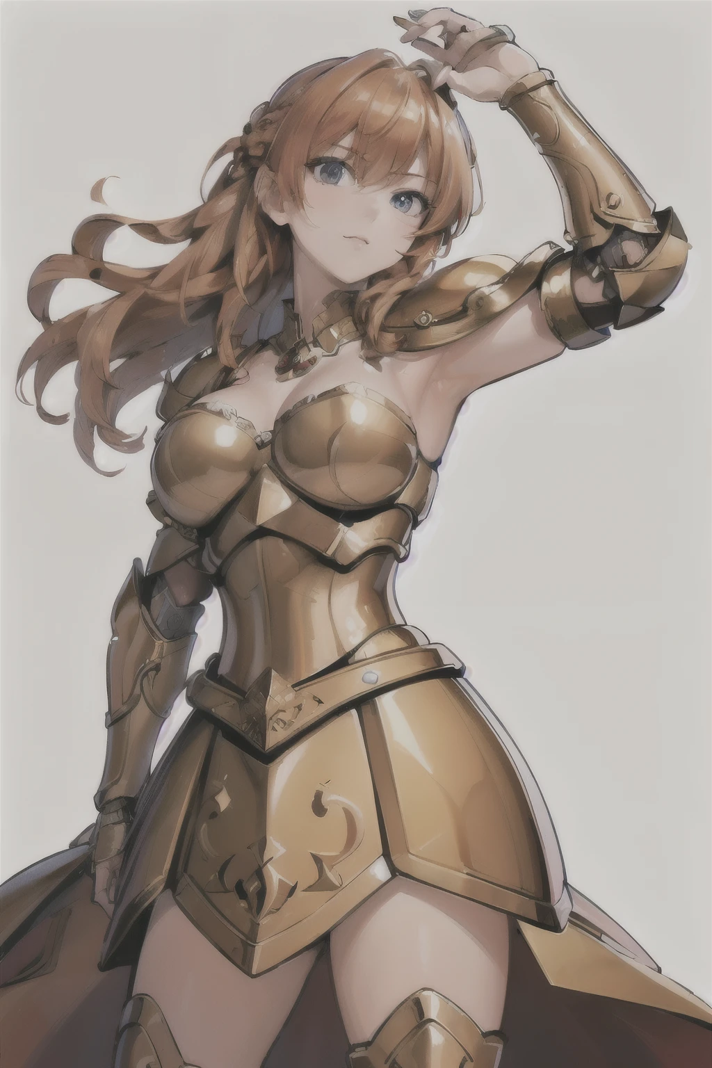 (masterpiece, best_quality, ultra-detailed, immaculate:1.3), epic, illustration, warrior lord , (armor:1.3), ginger hair, Side Swept Dutch Braid, arm up, simple background,