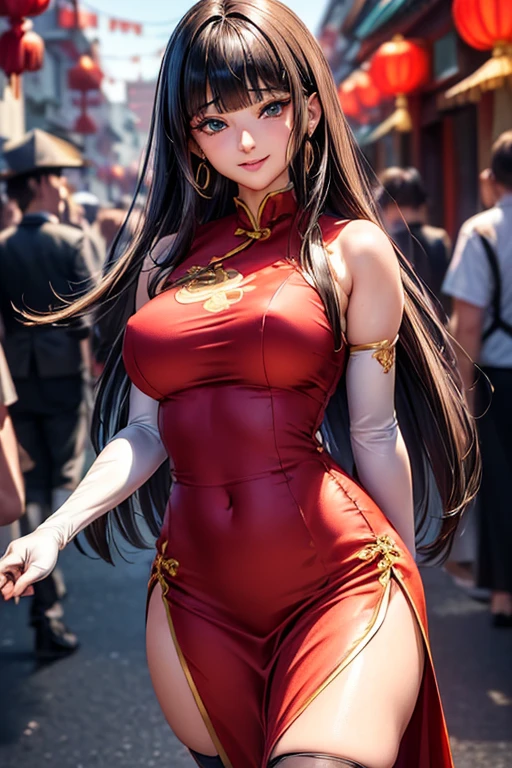 #基本 
A girl is posing for a photo, ((One Girl)), (((Baby Face:1.2)) + ((cute:1.3))), 
#A girl is posing for a photo, ((One Girl)), (((Baby Face)) + ((cute)) + ), 
break 

#Clothing Accessories 
((Red(long)China dress:1.5) : (Shiny) + (Gold floral embroidery) + ((long丈のスカート部分にサイドスリットが入っている)) + (High neck sleeveless) + (Gold belt for a tight fit at the waist) + (Elbow Gloves)), (Black knee-high stockings), (Shiny黒ハイヒール), 
(Gold hoop earrings), 
break 

#Features 
((Black Hair)), (blunt bangs:1.4), Long Hair, 
((Droopy eyes), blue eyes, (Big eyes:1.2)), (Big Breasts), (Big Ass),
break 

#background environment 
((night), (Chinatown:1.4, congestion)), 
#Facial Expression Pose 
(Wicked Smile, (Taunt)), ((Standing in an outdoor restaurant), (model posing)), 
#composition 
((To the camera, Focus from the front, Cowboy Shot)), 
break 

#Body parts elements 
(Slim figure), 
(Detailed Hair, Beautiful Hair, Shiny Hair), 
(double eyelid, Long eyelashes), 
(Expression of fine eyes, Beautiful and delicate eyes, Sparkling eyes, Eye Reflexes, Glitter Eyeliner), 
(Human Ear), 
(Beautiful Nose, Thin Nose), 
(Shiny唇, Beautiful Lips, Thick lips, Shiny唇, Natural Cheeks), 
(Detailed face, Symmetrical facial features), 
(Detailed skin, Textured skin, Beautiful Skin, Glowing Skin), 
break 

#Quality Image Quality Common 
(((Highest quality)), ((masterpiece)), ((Very detailed))), ((Ultra-high resolution)), ((16K, 1080P)), ((FHD)), 
(Anatomically correct), (Realistic), (3DCG), 

#Quality image illustration 
((comics, anime)), CG illustration, 
