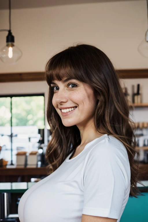 1girl, far from camera, (24mm wide angle lens:1.5), (medium cowboy shot:1.25), side view, (candid), (casual), fun, excited, happy, (cute:1.25), joy, soft lighting, backlit, younger, extremely tall teenager aged 18, (young Rashida Jones aged 18:0.8), (extremely long torso), (extremely long neck), (skinny), (arafed), (slim), symmetric eyes, (large head:1.2), coffee shop, trendy, latte, busy, barista, diverse people, symmetric breasts, plain pale green scoop-neck t-shirt, plain loose dark nylon pants, long pants, belt, (auburn hair), (huge colossal gigantic breasts:1.3), (big flowing extremely long wavy hair:1.3), bangs, cleavage, making coffee a latte, (jaw dropping beauty), (gorgeous beautiful girl), (dimples:1.25), (freckles:0.9)