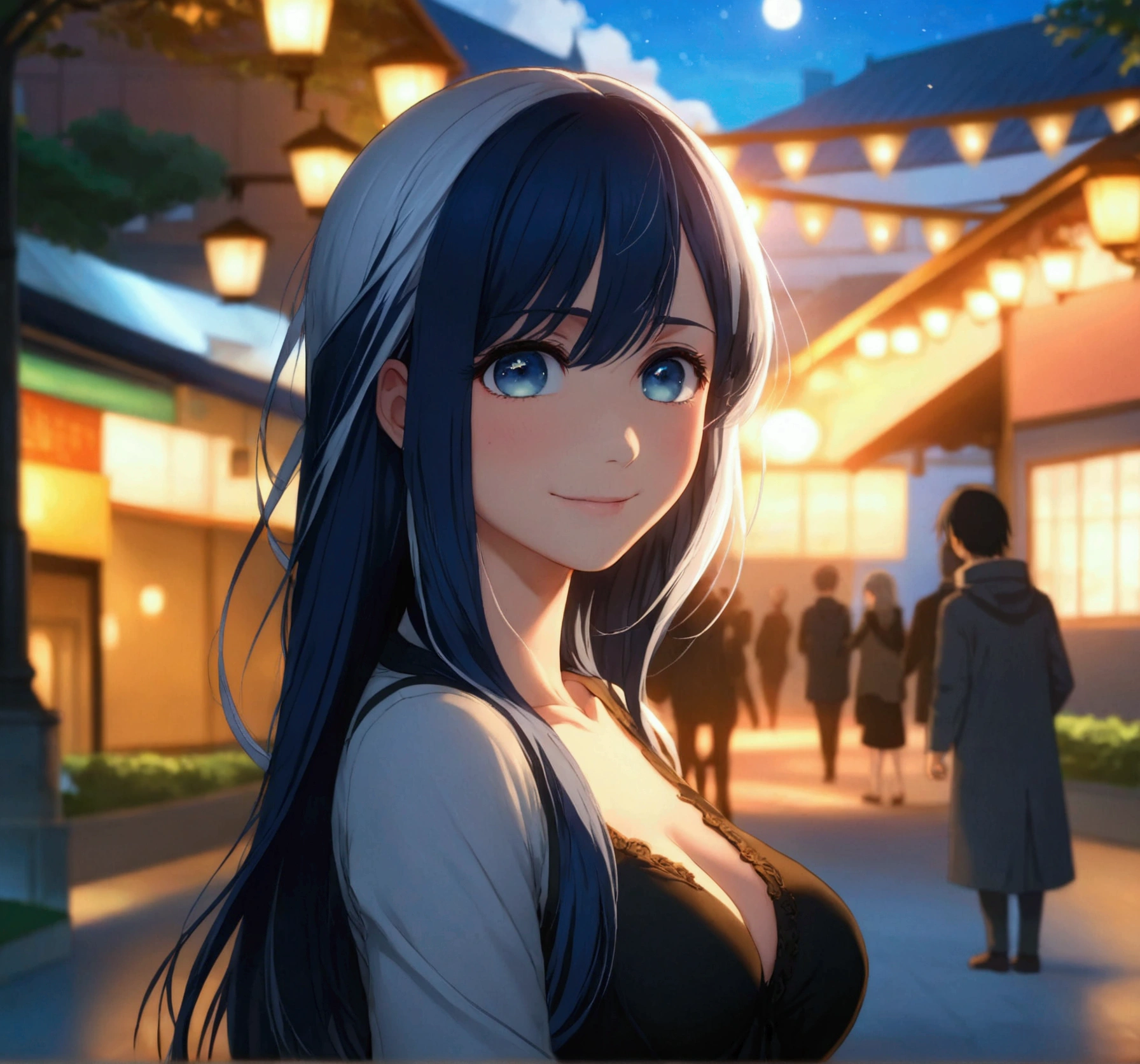 (best quality, highres, masterpiece : 1.4), (flatten art : 0.8), masterpiece, (best quality), 1girl, anime, (long dark blue hair with white hair on tip, very long sidebang), fair skin, deep blue eyes, medium sized breast, black one piece, standing, wiping her own hair, kind smile, (detailed face), (park, night), reminiscing, bittersweet moment, eyes to the viewer, low contrast (almost monochrome), darker atmosphere