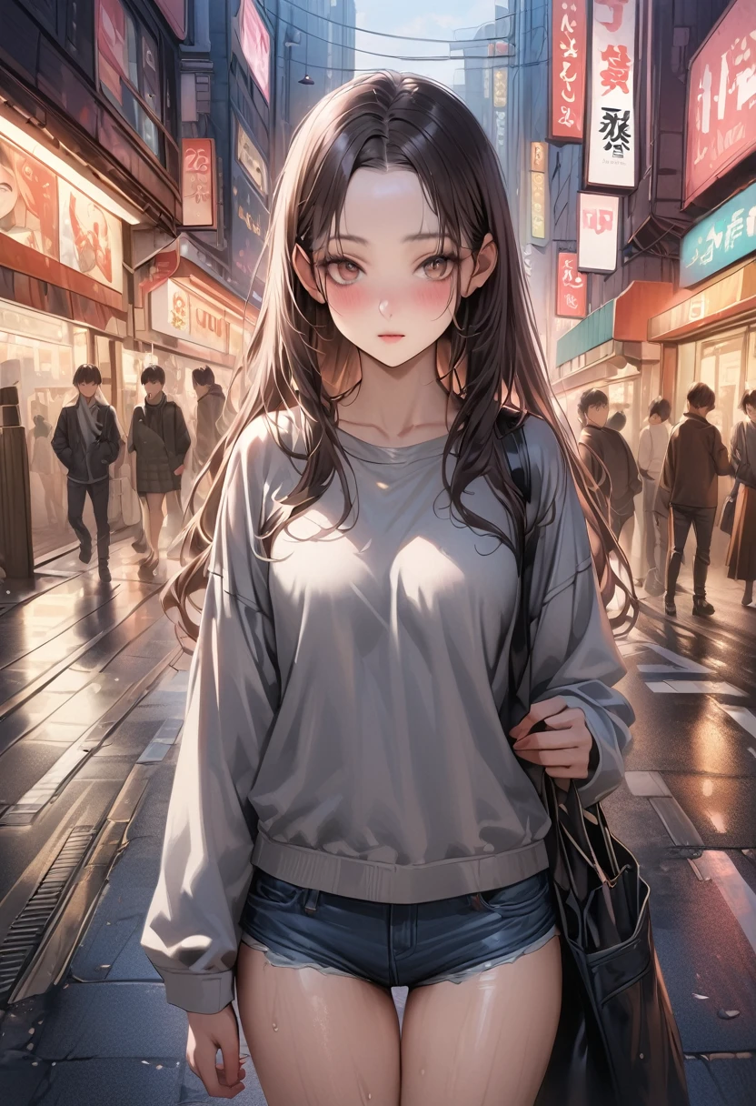 (realistic:1.4),((masterpiece,Highest quality:1.3,best quality illustration)),cowboy shot,独奏,1woman,(25 year old beauty),((very small head:1.3)),black hair,long hair,forehead,center parted bangs,black eyes,gorgeous big eyes,blush,((very long body,skinny)),medium breasts,Grey sweatshirt、Denim Microshorts、gleaming skin,oily skin:1.2,toned body,slender body,skinny,standing,on street,Shinjuku、Tokyo、