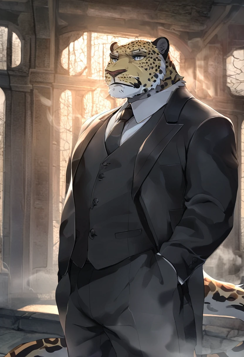 Leopard,personification,Mature male,Strong man,Gray pupil,Black suit suit,Hands in pockets,The Age of Steam,Inside the ruins。