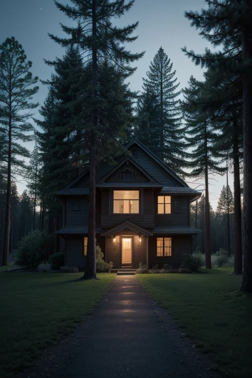 There was a distant house with several trees around it., it was two-story, It was night and there was just a lit lamp from upstairs in a window., looks dark.