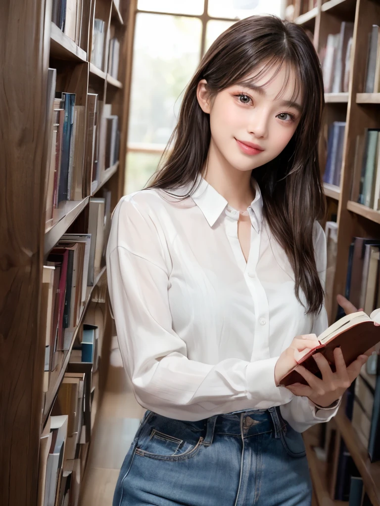((masterpiece: 1.3),8k, Realistic, RAW Photos, Highest quality: 1.4),whole body、 (One Girl), beautiful顔, (Realistic Face), (Brown long hair: 1.3), bangs, Perfect dynamic composition,(High quality with attention to detail, Realistic depiction of eyes:1.3)、(((White Shirt、Bookshelf、Hiding pussy with a book、Wearing glasses)))、 The whole is facing forward、21talent、beauty、Well-formed face、Make the eyes even、Banditium Build、Balanced ratio、beautiful足、Fresh face、beautiful景色、beautifulヘアスタイル, (bangs), (smile), smile, Realistic eyes, Gloss, highlight, highlight in the Eyes, eyelash, 目の中のbeautifulディテール, (Realistic Skin), Shooting from the air、beautiful肌, Transparency、(beautiful)、 smile, teeth, Confused, charm, 超High resolution, Ultra-realistic, High resolution, Golden Ratio, clear eyes, Wet, Looking into the camera, ear, Shine, Long neck, double eyelid, Thin eyebrows、Big eyes, cheek, kind character, charm personality, kind, 圧倒的なcharm, bright personality