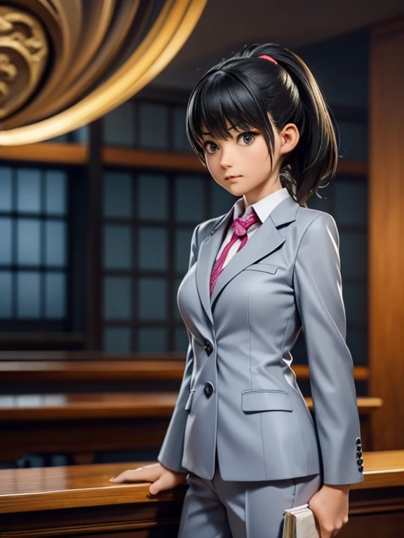 girl, solo, (lawyer), (Court), 女性lawyer, Grey suit, pants suit, (Court Background), Serious expression, 左胸にlawyerのバッジ, Courtでの弁論, Courtの雰囲気, Intersecting rays,