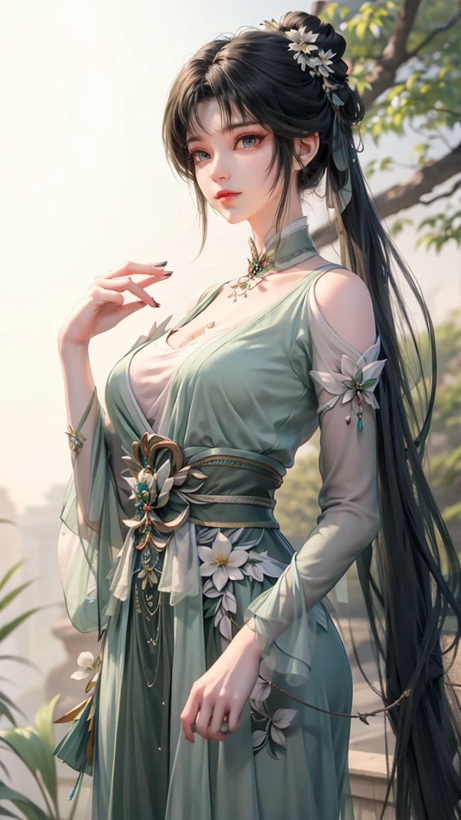 masterpiece, best quality, 8k, cinematic light, ultra high res, chinese painting, 1girl, solo, flower, hair ornament, white background, black hair, hair flower, chinese art, hanfu, branch, long hair, sash, upper body, chinese clothes, jewelry, long sleeves, earrings, flowering branch, 