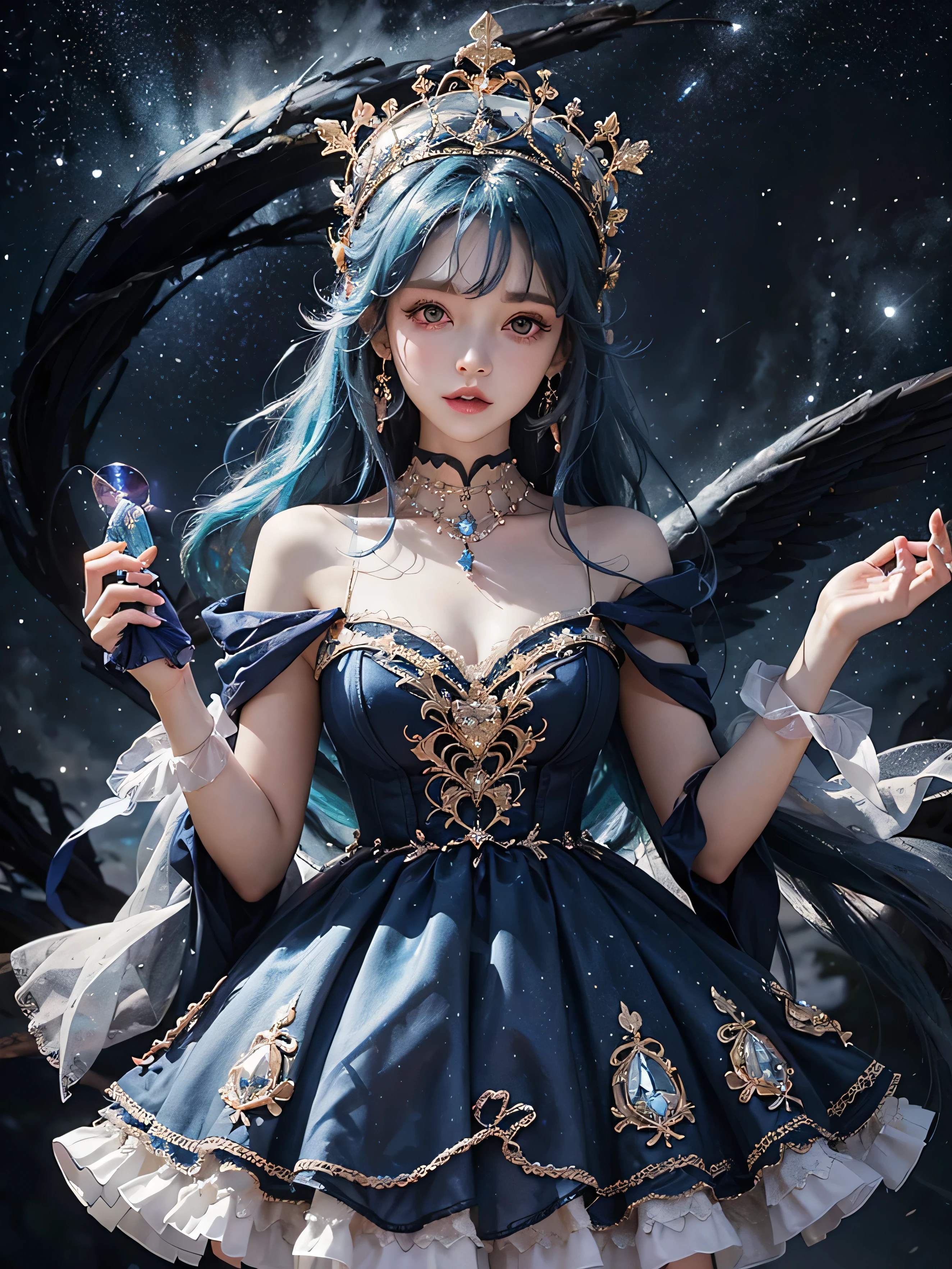 Ultra HD、A beautiful blue-haired character、Upper Body、とてもBig eyes、Big eyes、Fortune teller with crystal、Holding the crystal in both hands、Red burning cheeks、Night scene with starry sky background、Wearing a gorgeous dress、Subtle details、A fantastic atmosphere、Anime style、Disney style