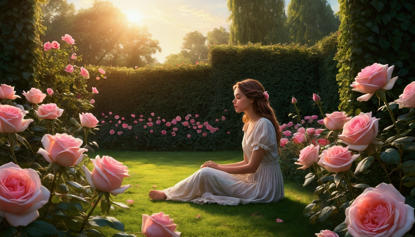 Extensive illustration in a realistic style, In the distance, a young one woman crouches and looks at a growing pink rose, A young one woman is sitting very beautifully in a huge rose garden, A delicate pink rose grows in a magical garden, a young woman listens and looks at the red rose, A gentle, mesmerizing picture, she is resting in a huge space of roses and nature, the time of day is early morning, sparks of magic are flying in the air, Reamy, ethereal, ultra-detailed, Strong contrast, Good depth of field, 8K wallpaper, Masterpiece, Aesthetic illustration in realistic style, Bioliminality, lots of yellow and gold