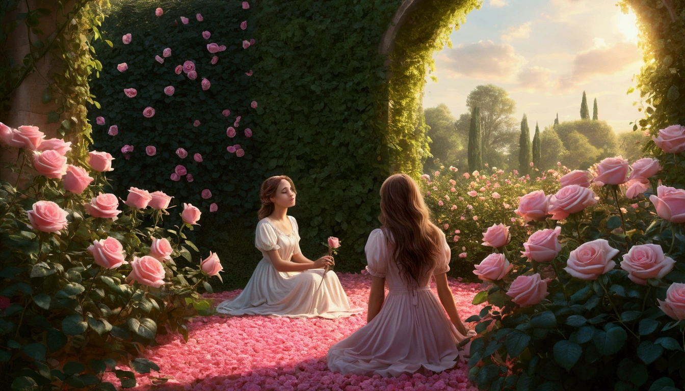 Extensive illustration in a realistic style, In the distance, a young one woman crouches and looks at a growing pink rose, A young one woman is sitting very beautifully in a huge rose garden, A delicate pink rose grows in a magical garden, a young woman listens and looks at the red rose, A gentle, mesmerizing picture, she is resting in a huge space of roses and nature, the time of day is early morning, sparks of magic are flying in the air, Reamy, ethereal, ultra-detailed, Strong contrast, Good depth of field, 8K wallpaper, Masterpiece, Aesthetic illustration in realistic style, Bioliminality, lots of yellow and gold