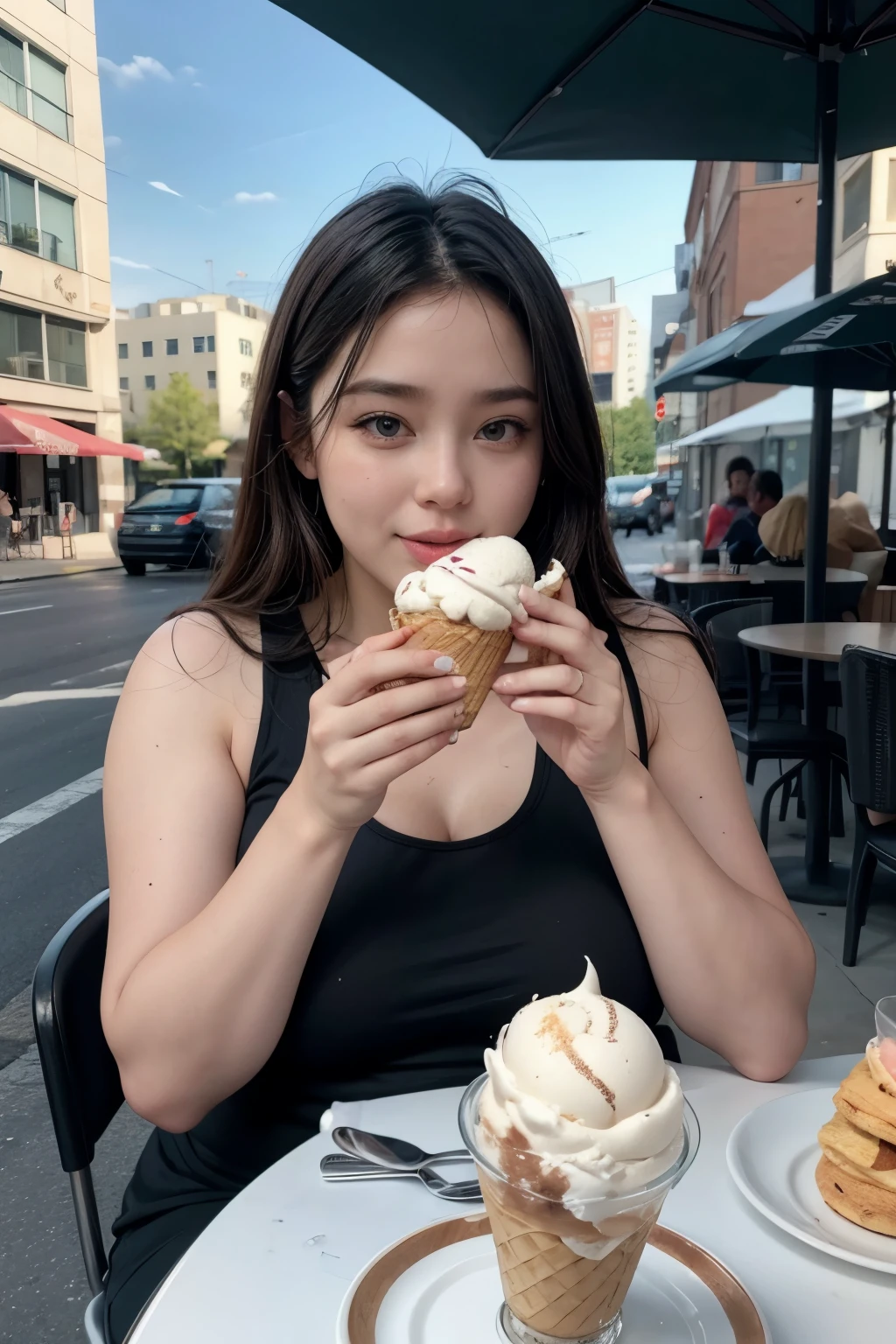 ​masterpiece、in 8K、Raw photography、（reallistic:1.4）、High-resolution mouth、The eyes are high definition、Shiny skin、big eye、Round face,Double eyes、Puffy eyes、One lady、20yr old,、The upper part of the body、film grains、Movie Light、Solo、Squint、Beautiful girl licking up a large soft-serve ice cream with her tongue、outside of house