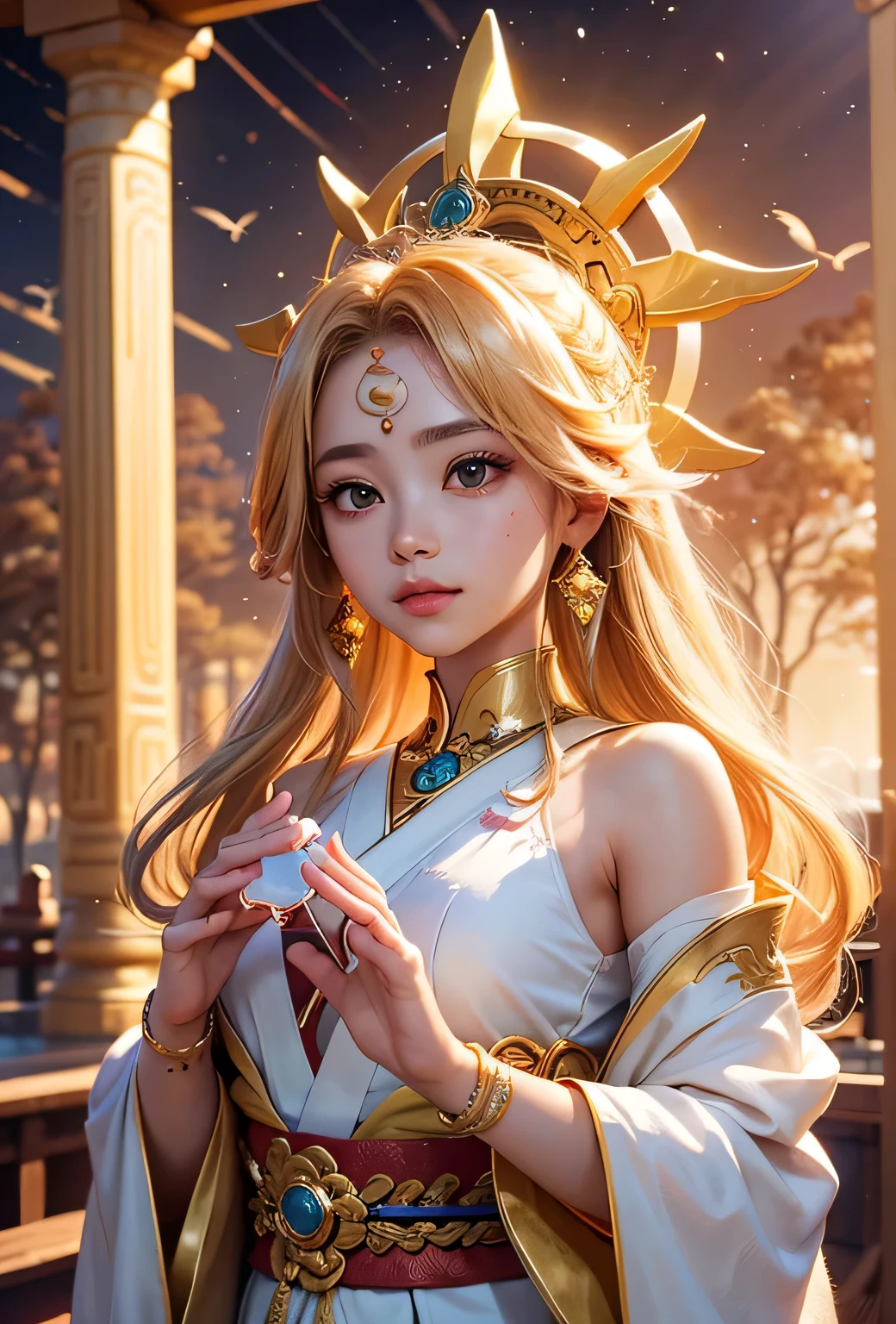 "Child of the Sun, Goddess of Love": Within a sacred sanctuary bathed in sunlight, depict the figure of a sun goddess who governs love, facing forward and emanating divine radiance. She is a , around 3 years old. Zoom in to focus on her face, with a gleaming orb of light in her hands, representing the life-giving power of the sun. Her hair is shimmering gold, and she is wearing a traditional miko outfit as seen in Japanese shrines. The background should be predominantly gold, evoking a sense of divine splendor, with numerous heart-themed objects expressing the beauty of love. The setting is in heaven, enveloped in soft, bright light, where one can find tranquility and peace of mind, free from any trace of anxiety.Straight-on.