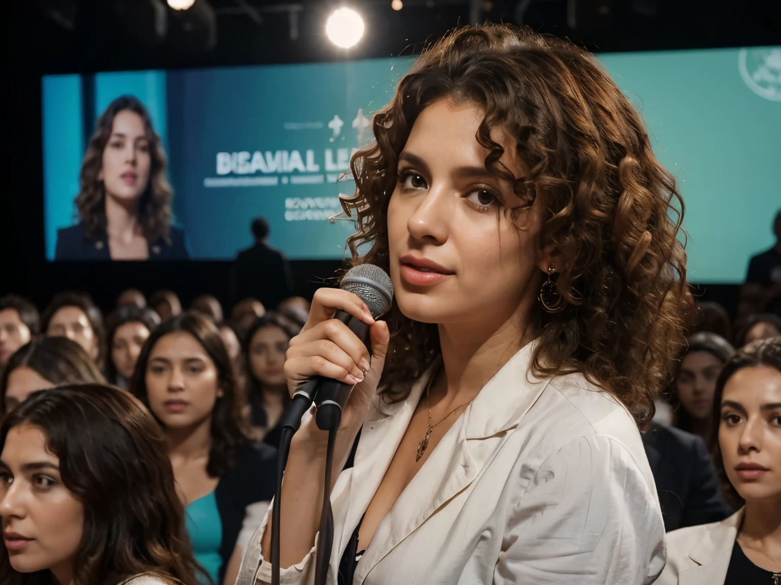 curly-haired Brazilian psychologist lecturing on stage to a crowd of people sitting behind her, crowded environment, woman leader, adult woman, chic, feminine, expression of trust, SOCIAL CLOTHES, hyperrealisti, 4K,