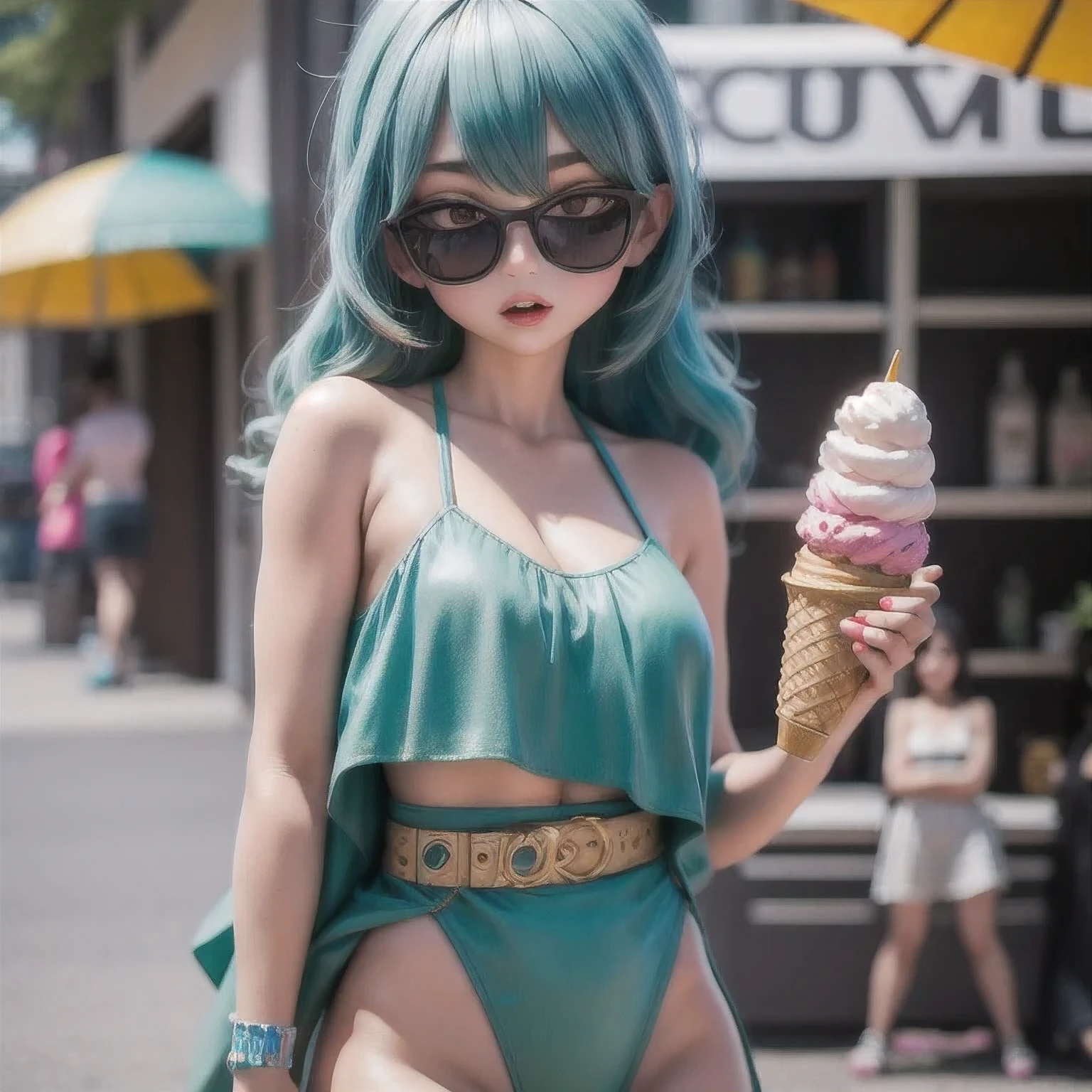 araffe1 girl in a bikini eating an ice cream cone, eating ice cream, in a bikini, angela white, giorgia meloni, katy perry, in bikini, eating ice - cream, wearing spandex bikini, ice cream on the side, bikini, ice cream, wearing a bikini, candid photo of dirty, shiny plastic bikini, candid shot, cone, 1 girl, solo，in a green dress standing by a wall,portrait of female idol,