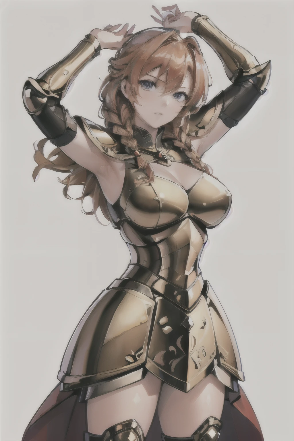 (masterpiece, best_quality, ultra-detailed, immaculate:1.3), epic, illustration, warrior lord , (armor:1.3), ginger hair, Side Swept Dutch Braid, arm up, simple background,