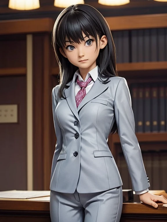 girl, solo, (lawyer), (Court), 女性lawyer, Grey suit, pants suit, (Court Background), Serious expression, 左胸にlawyerのバッジ, speech, discuss, Courtでの弁論, Courtの雰囲気, Intersecting rays, 