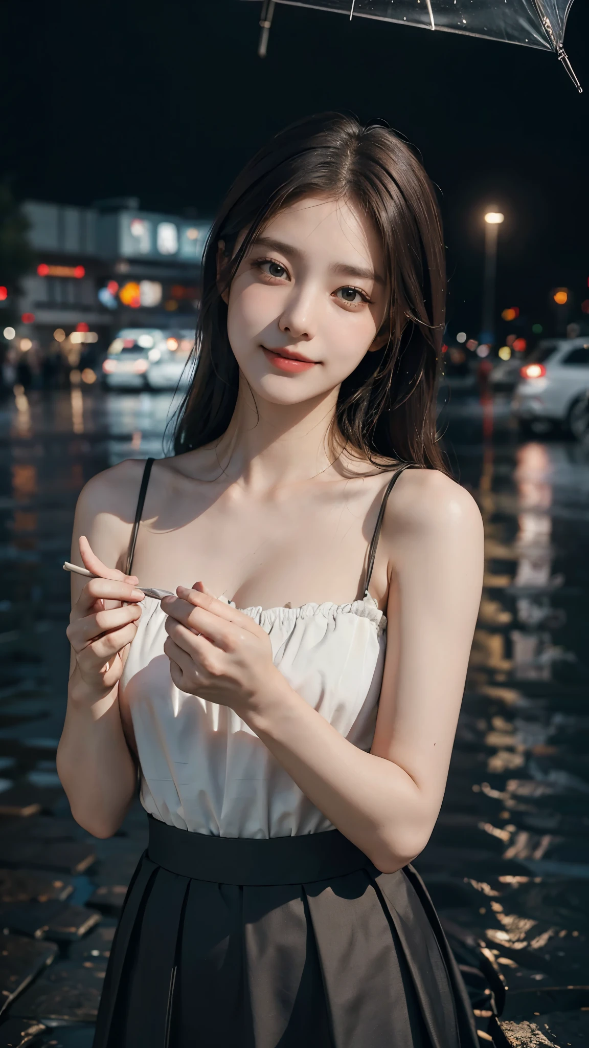 (RAW photos, best quality), (realistic, photorealistic: 1.2), (round face: 1), 1 girl, selfie outdoor, (high detail skin: 1.2), (puffy eyes), (lying silkworm), smile, collarbone, air bang, straight brown black hair, pure black pleated skirt, soft lighting, high quality, cityscape, skyline, night, rain, wet, professional lighting, Photon mapping, radiosity, physically based rendering,