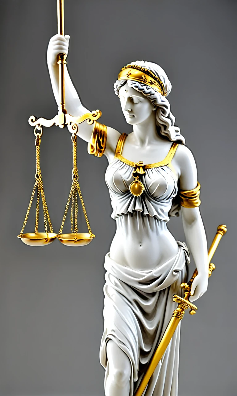 cstatuesdxl,  Statue of Lady Justice, (Statue of Eustatia, blindfolded, holding a balance and a sword), white and gold, (masterpiece:1.2), best quality, high quality, simple background,