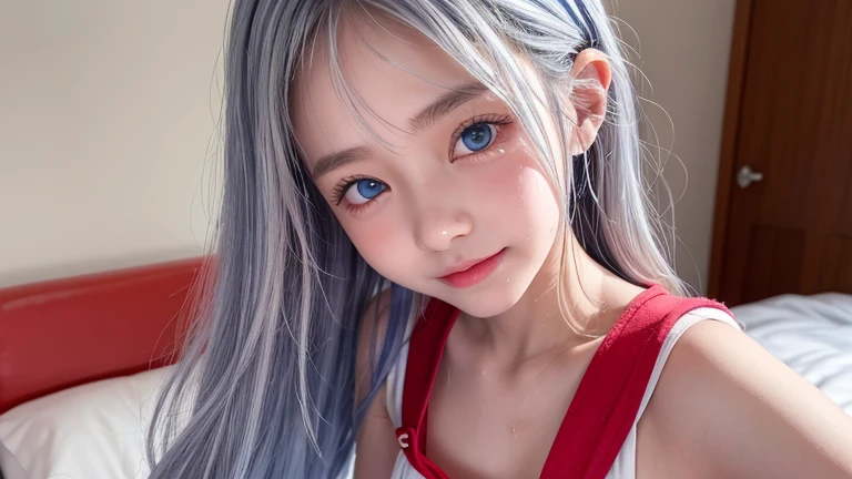 one European girl、lolita、a littlle girl, 8 age old、ultimate beautiful girl、Upper body、detailed face、ultimate image quality、best lighting、((silver hair))、((long hair))、((blue eyes))、sweaty、showing the viewer his left armpit、steaming armpit、 Maschalagnia、8K quality、detailed armpits、detailed armpitsのシワ、armpit sweat、sweaty、a lot of sweat、Drenched armpits、elementary 、red school bag、bedroom、small breasts、happy+smile, (sailor suit)