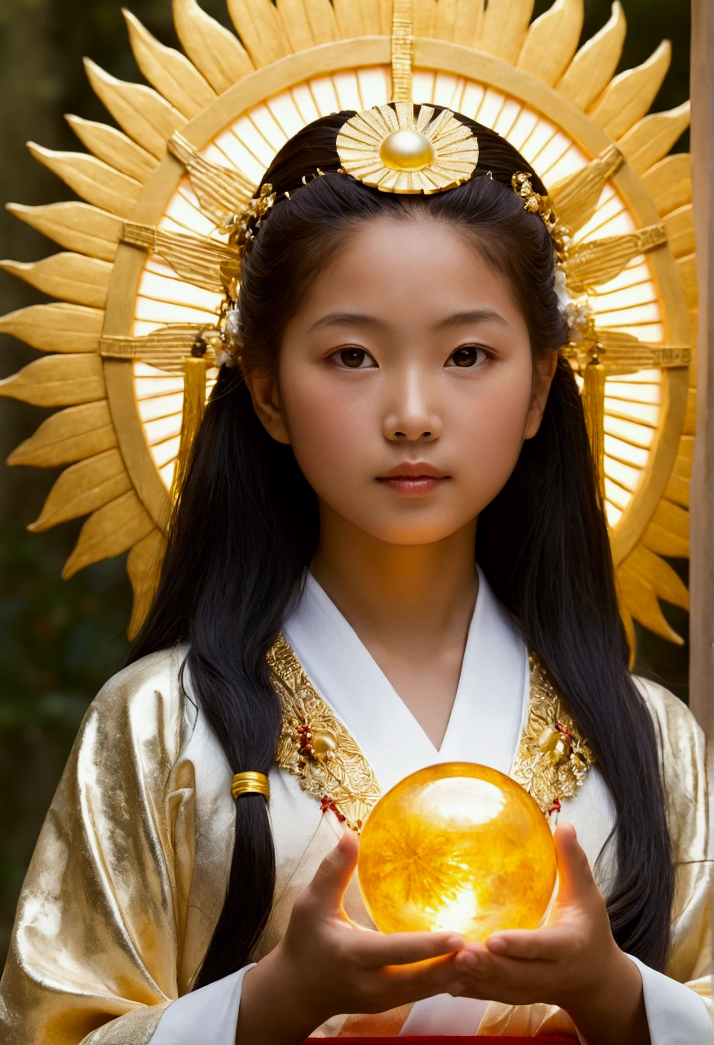 "Child of the Sun, Goddess of Love": Within a sacred sanctuary bathed in sunlight, depict the figure of a sun goddess who governs love, facing forward and emanating divine radiance. She is a , around . Zoom in to focus on her face, with a gleaming orb of light in her hands, representing the life-giving power of the sun. Her hair is shimmering gold, and she is wearing a traditional miko outfit as seen in Japanese shrines. The background should be predominantly gold, evoking a sense of divine splendor, with numerous heart-themed objects expressing the beauty of love. The setting is in heaven, enveloped in soft, bright light, where one can find tranquility and peace of mind, free from any trace of anxiety.Straight-on.