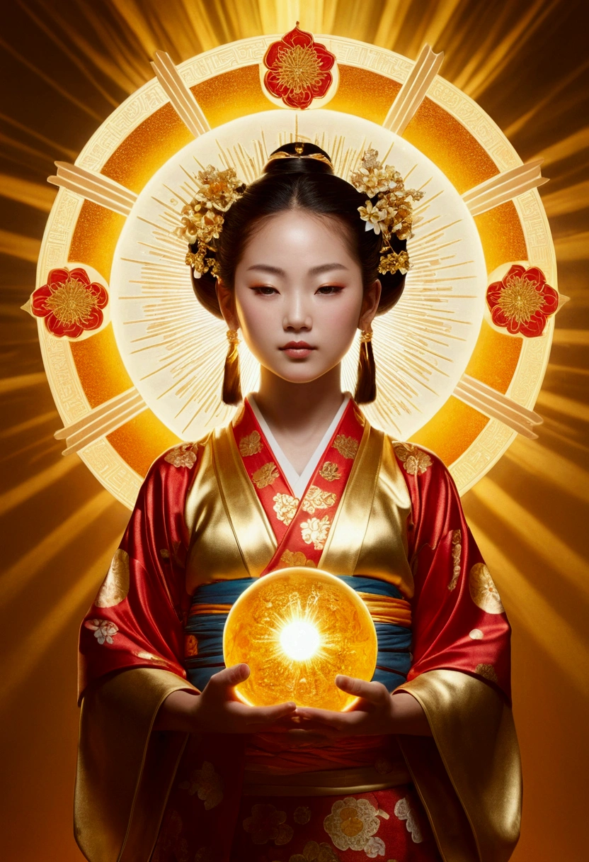 "Child of the Sun, Goddess of Love": Within a sacred sanctuary bathed in sunlight, depict the figure of a sun goddess who governs love, facing forward and emanating divine radiance. She is a , around 3 years old. Zoom in to focus on her face, with a gleaming orb of light in her hands, representing the life-giving power of the sun. Her hair is shimmering gold, and she is wearing a traditional miko outfit as seen in Japanese shrines. The background should be predominantly gold, evoking a sense of divine splendor, with numerous heart-themed objects expressing the beauty of love. The setting is in heaven, enveloped in soft, bright light, where one can find tranquility and peace of mind, free from any trace of anxiety.Straight-on.