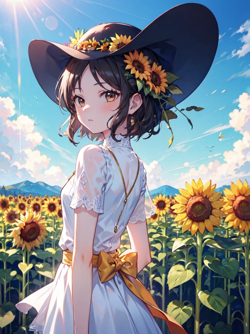 (masterpiece, high quality), (1 girl,), hat, Beautiful sunflower, Sunflower field, Sunflower field, On a sunny day, green_null, Put your arms behind your back, Black Hair,