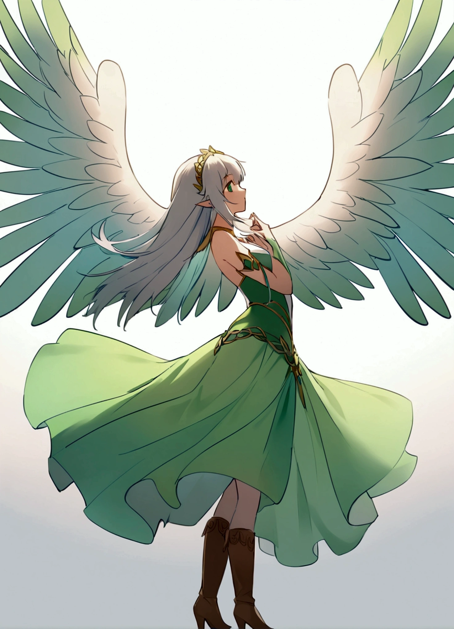 Silver Hair。Elven Goddess。Goddess of Archery。Artemis。Green clothes。Wearing brown boots。Big angel wings。。Standing sideways