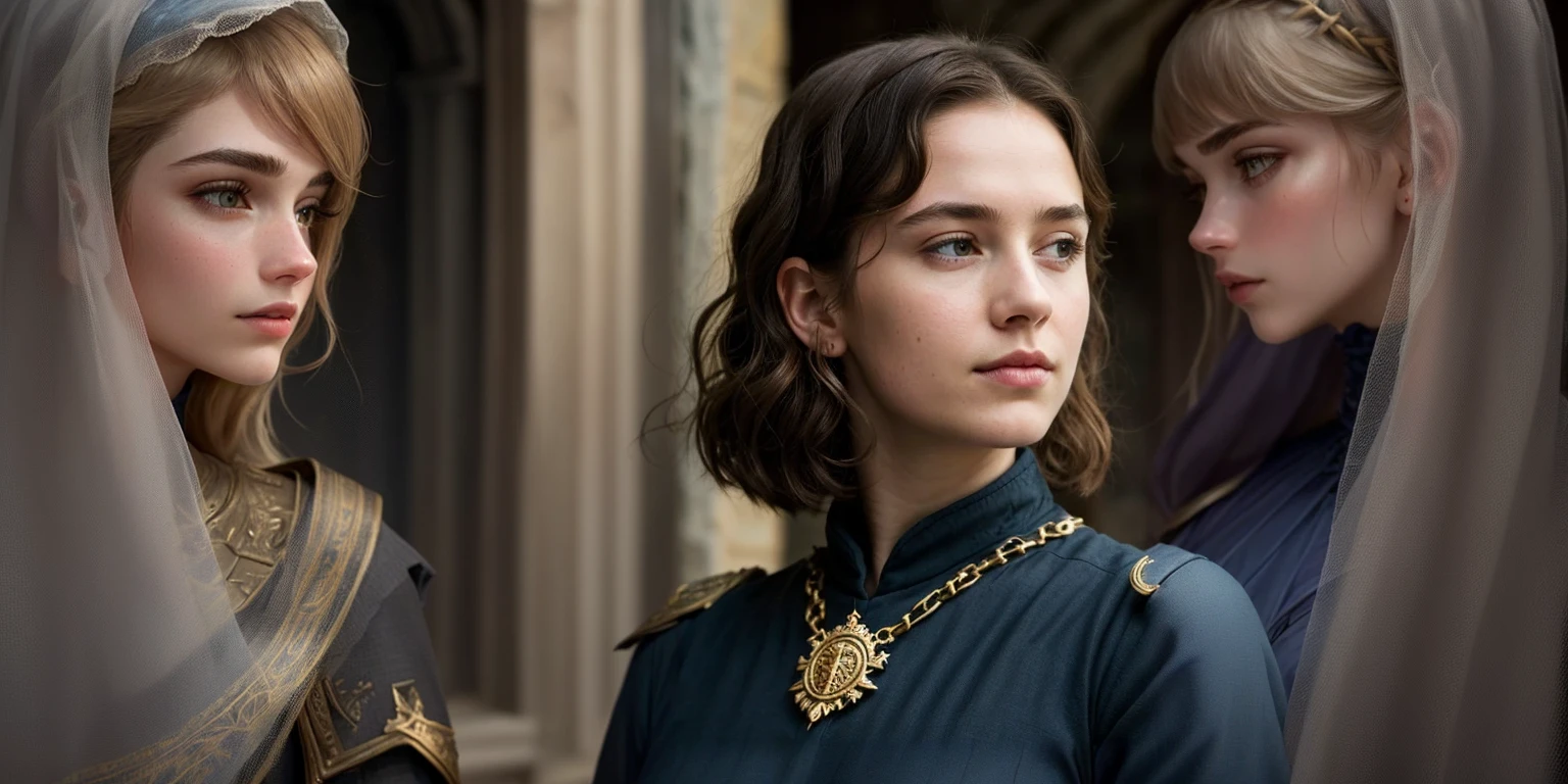 a close up of a woman in a blue dress with a gold chain around her neck, ana de armas as joan of arc, paul atreides, imogen poots as holy paladin, emma watson as joan of arc, imogen poots as a paladin, joan of arc, emilia clarke, beautiful androgynous prince, delicate androgynous prince