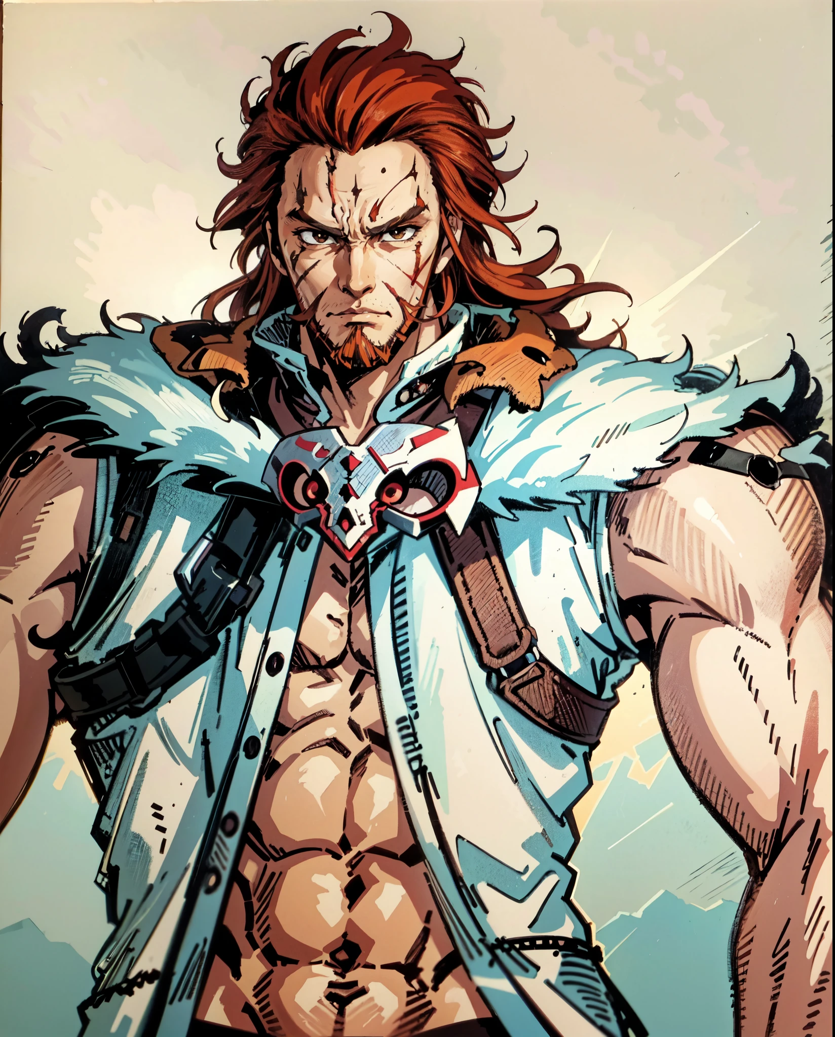 (masterpiece:1.2, best quality:1.2, extremely delicate:1.2), ((male:1.5)), a man with disheveled long orange and red hair, (no eyebrows:1.2), deep-set eyes, (a long scar on the right side of his face:1.2), rough features, (a full beard:1.2), a dissatisfied expression, a tall and muscular build, a post-apocalyptic fantasy-style wilderness coat with no sleeves, fur around his shoulders and neck, a half-damaged monster skull hanging in the middle of his chest, has spiked shoulder guards, revealing his muscular abs, stands in a post-apocalyptic fantasy-style desolate town, this character embodies a finely crafted post-apocalyptic fantasy-style overlord in anime style, exquisite and mature manga art style, dramatic, high definition, highres, ultra-detailed, ultra-fine painting, professional, perfect body proportions, golden ratio, anatomically correct, symmetrical face, extremely detailed eyes and face, high quality eyes, creativity, RAW photo, UHD, 32k, Natural light, cinematic lighting, masterpiece-anatomy-perfect