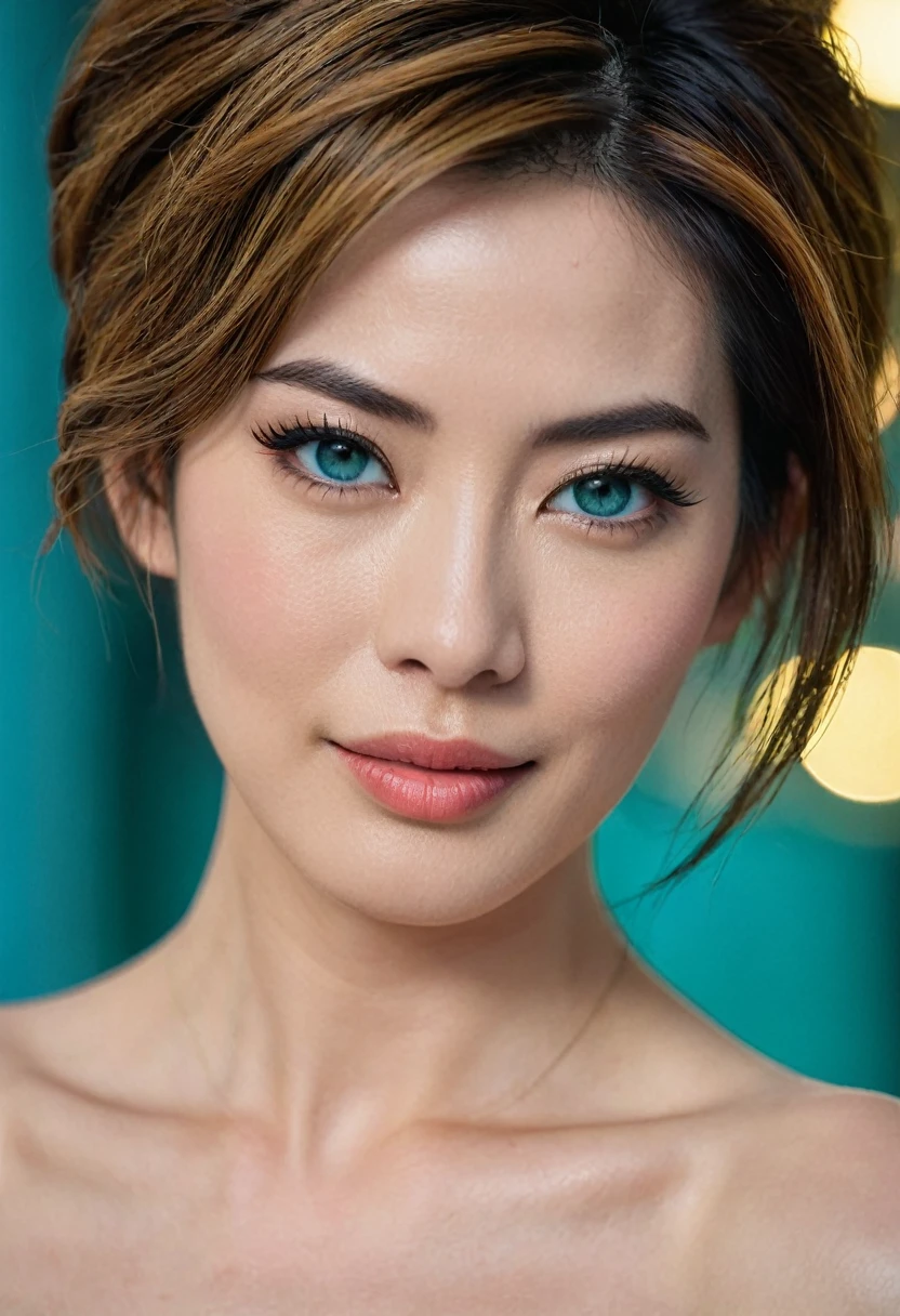 An upper body beautiful cute Japanese woman, still from the film, (Anne Hathaway look alike face: 0.7), solo, blush, exotic, seductive, smirk, fashion, model, fine art photography, iconic, dynamic angle, dynamic pose, macro, photograph, intricate background, Vietnamese (fashion icon:1.2) , Artistic, Gold hairstyle, Aesthetically Pleasing Turquoise Eyes, at Blue hour, Frightening, Interpolation, Fujicolor Superia X-TRA 400, 50mm, Offset print, RAW photo, highly contrasted, contemporary fine detail, highly intricate, detailed, stunning, Leica SL3, Summicron-SL 75 f/2 ASPH, Kodak Gold 200 film, bokeh, rim lighting, silhouette, shallowed depth of field, dynamic hands up,
