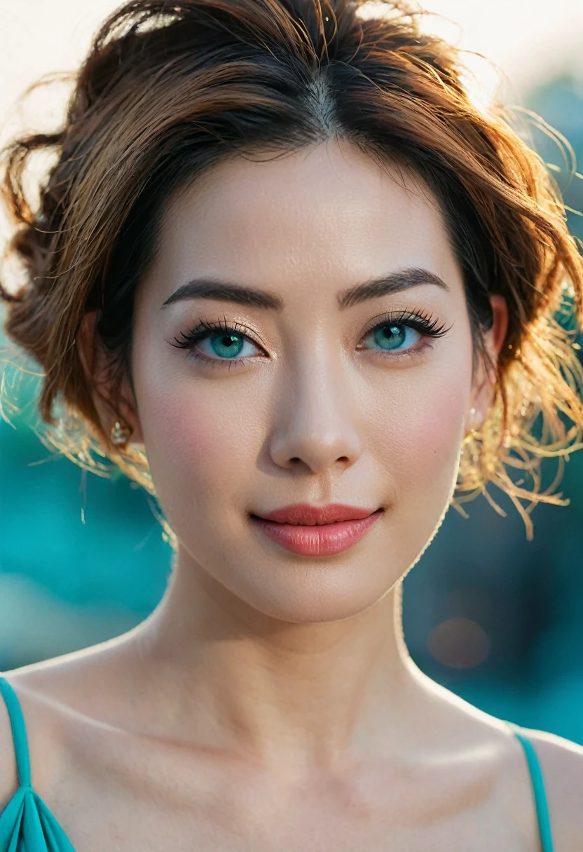 An upper body beautiful cute Japanese woman, still from the film, (Anne Hathaway look alike face: 0.7), solo, blush, exotic, seductive, smirk, fashion, model, fine art photography, iconic, dynamic angle, dynamic pose, macro, photograph, intricate background, Vietnamese (fashion icon:1.2) , Artistic, Gold hairstyle, Aesthetically Pleasing Turquoise Eyes, at Blue hour, Frightening, Interpolation, Fujicolor Superia X-TRA 400, 50mm, Offset print, RAW photo, highly contrasted, contemporary fine detail, highly intricate, detailed, stunning, Leica SL3, Summicron-SL 75 f/2 ASPH, Kodak Gold 200 film, bokeh, rim lighting, silhouette, shallowed depth of field, dynamic hands up,