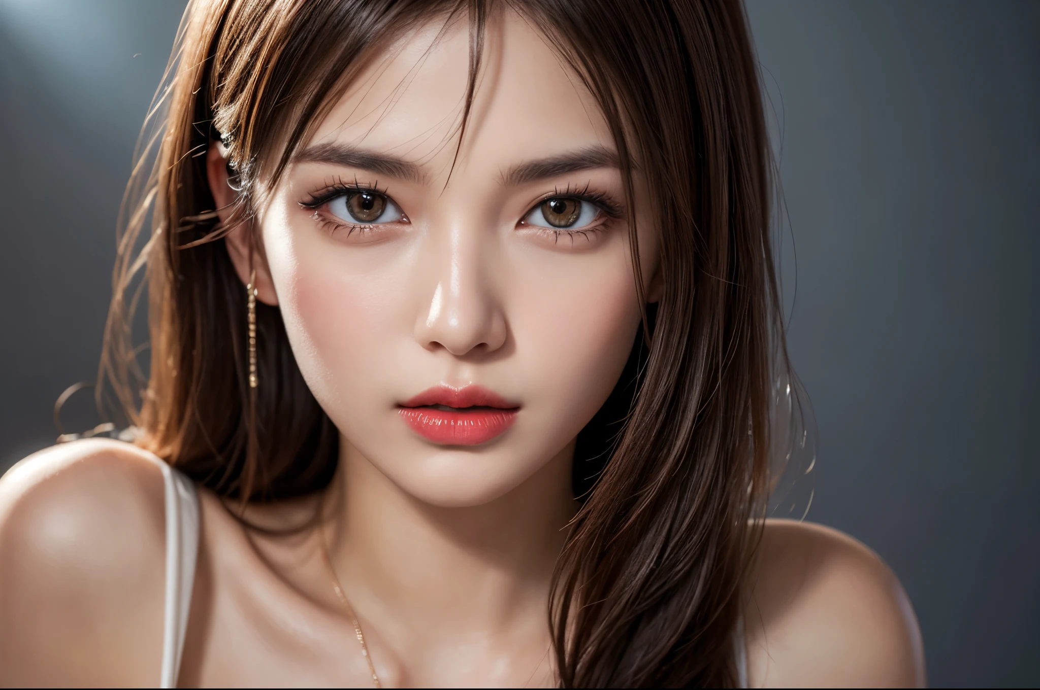 (8k, Ultra-high resolution, The best masterpiece, best quality:1.2), Very detailed, Complete Solution, (actual, actual photo: 1.37), portrait, Half Body, focus on eyes, HD RAW photos, career arrest, High quality and beautiful, 超高清 8k 影像照片, Volumetric lighting, Soft Light, confess, Professional photography, Very detailed的美麗女孩, Super delicate face shape, Contoured eyes, (Very detailed eyes), Precisely shaped nose, expressive lips, Delicate skin, (HD Skin:1.2), Neatly contoured fingers, Every feature is carefully displayed, (20:1.2), Twenty generations, cute girl, young mother, Beautiful mature lady, brown hair, long, straight hair, sparkling amber eyes, red lips, Cleavage, perfect anatomy, HD background without blur, particle, actual, stunning details, 8k Ultra HD, high quality, CG unity, C4D Rendering, 3D Rendering