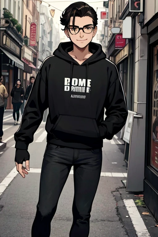 Perfect face. Perfect hand. A black haired man with slicked back hair and light brown eyes and small black glasses in a light black hoodie and dark jeans and fingerless gloves and black and white sneakers is smiling in a busy stree